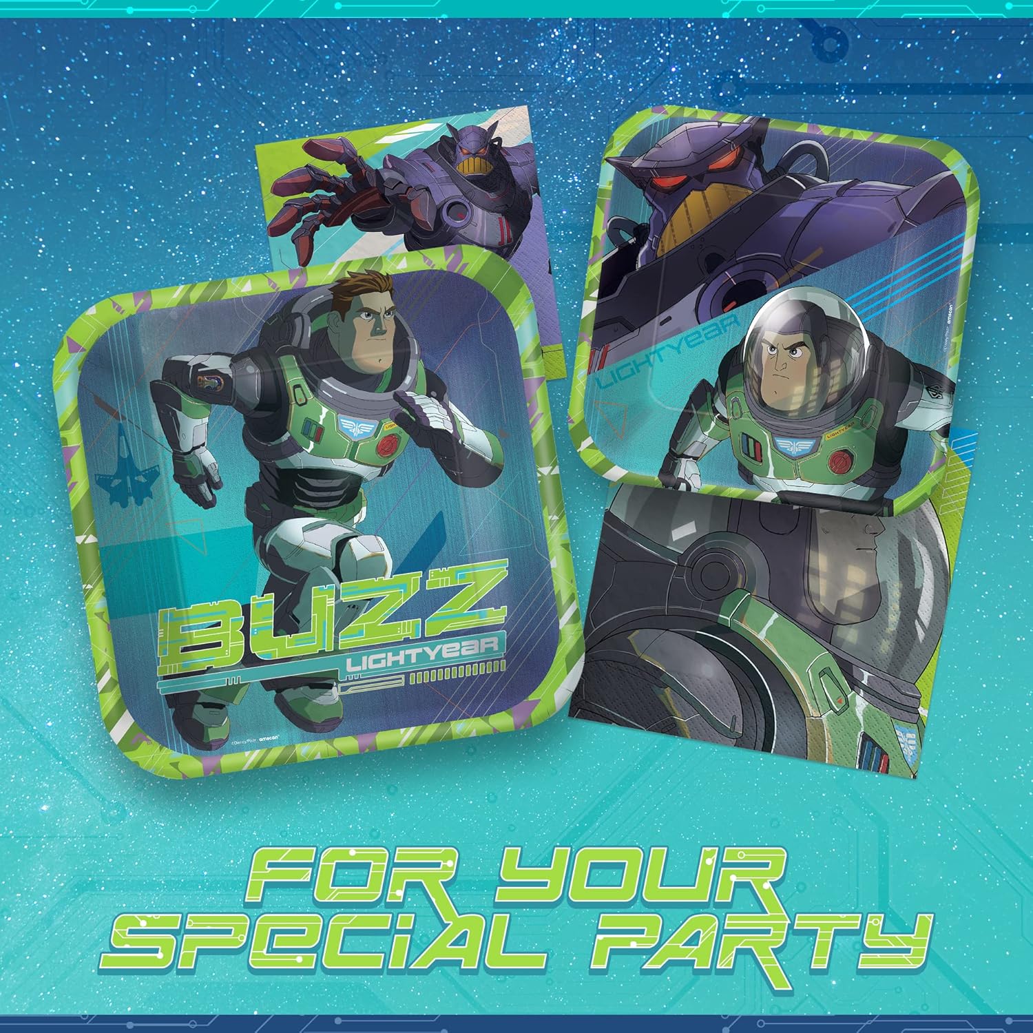 Amscan Buzz Lightyear – Paquete de vajilla para fiesta, 8 platos cuadrados para cena y postre, 16 servilletas de almuerzo y bebidas, juego de