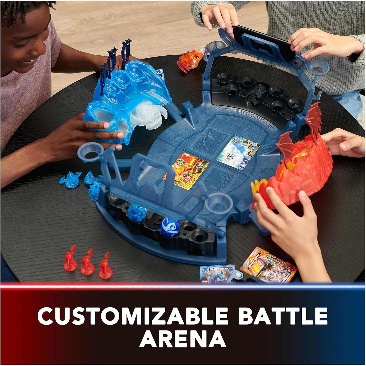 Bakugan Ultimate Battle Arena Playset con ataque especial Dragonoid, Octogan, Hammerhead personalizable, figuras de acción y juego giratorias,