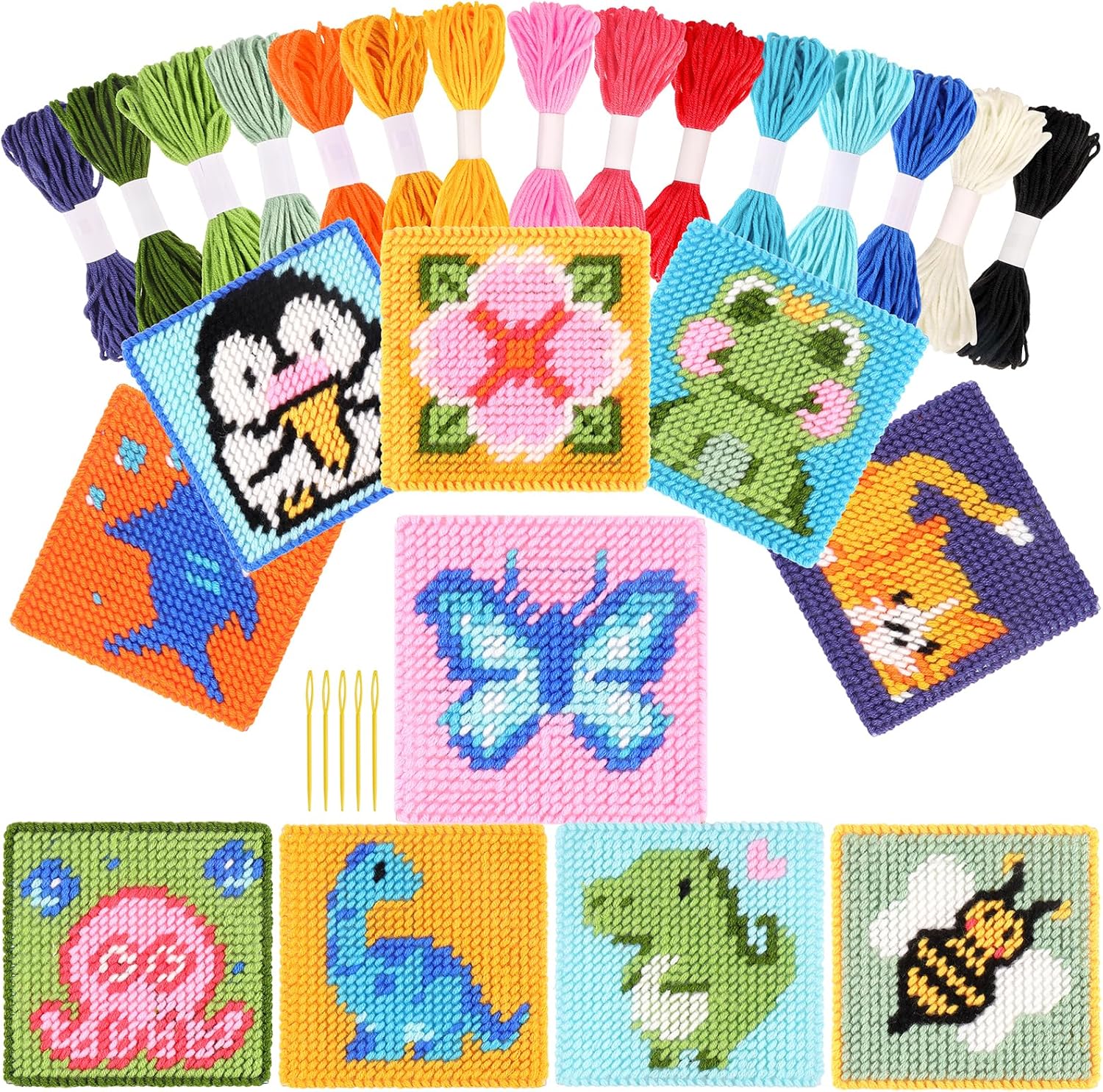 Pllieay Kit para principiantes de punto de cruz 10 en 1 para niños, kit de bordado incluye 10 piezas de lona de malla de plástico con patrón, 15