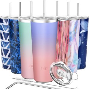 THILY Vaso de viaje de acero inoxidable aislado al vacío, taza de café de 26 onzas con 2 tapas y popotes, a prueba de salpicaduras, mantiene las THILY Vaso de viaje de acero inoxidable aislado al vacío, taza de café de 26 onzas con 2 tapas y popotes, a prueba de salpicaduras, mantiene las