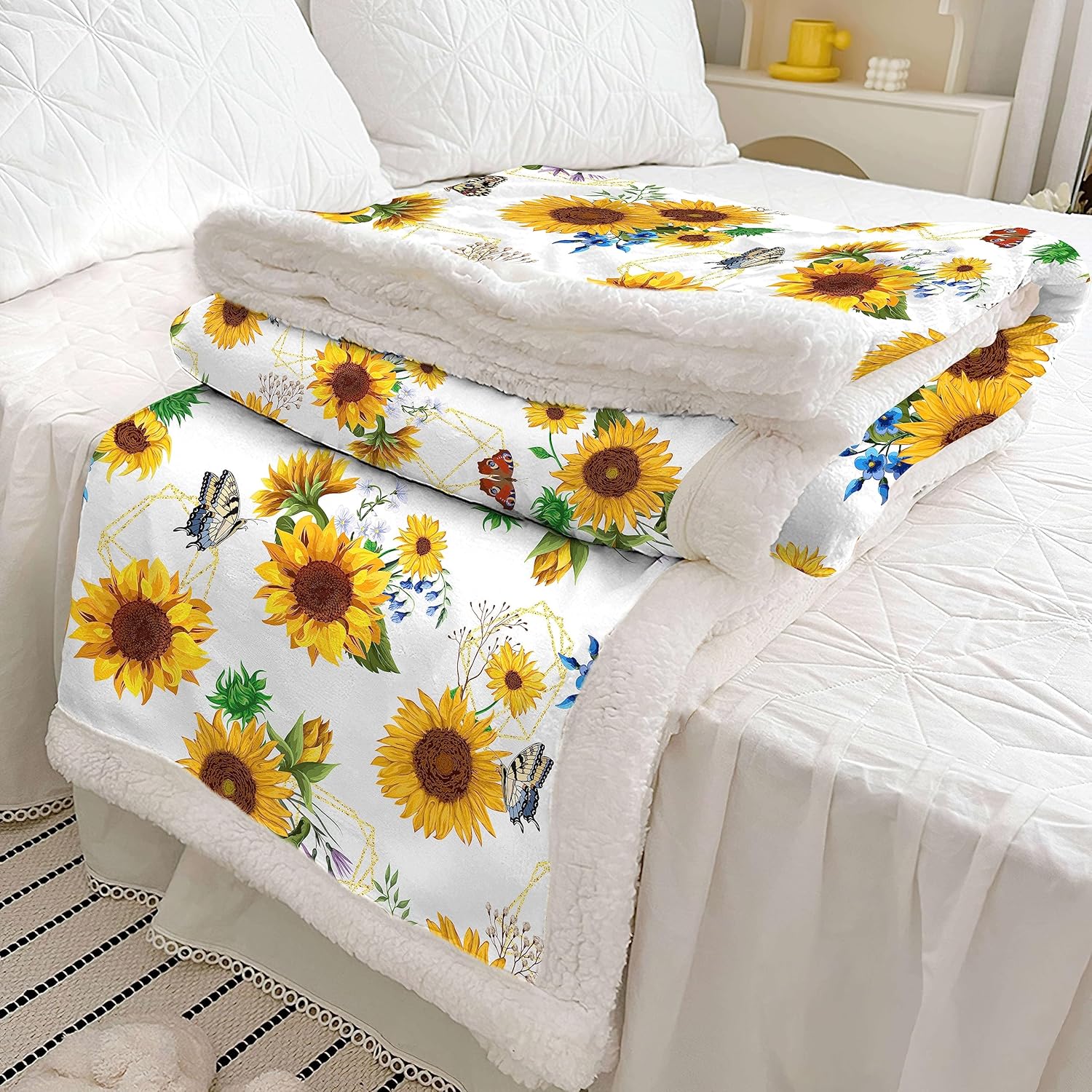 Manta de girasol, regalos de girasol para mujer, manta de regalo de girasol, decoración de ropa de cama blanca, decoración de cosas de girasol,