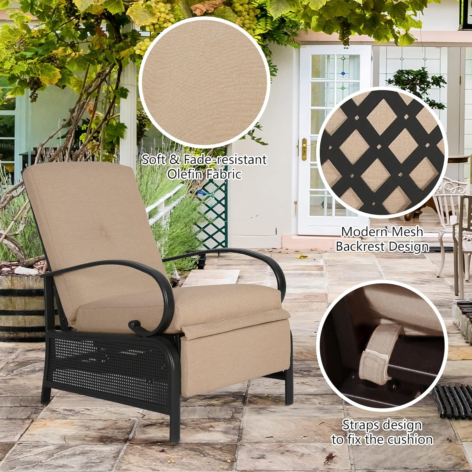 Sillón reclinable ajustable para exteriores, silla reclinable para patio con fuerte marco de metal extensible y cojines extraíbles para lectura o
