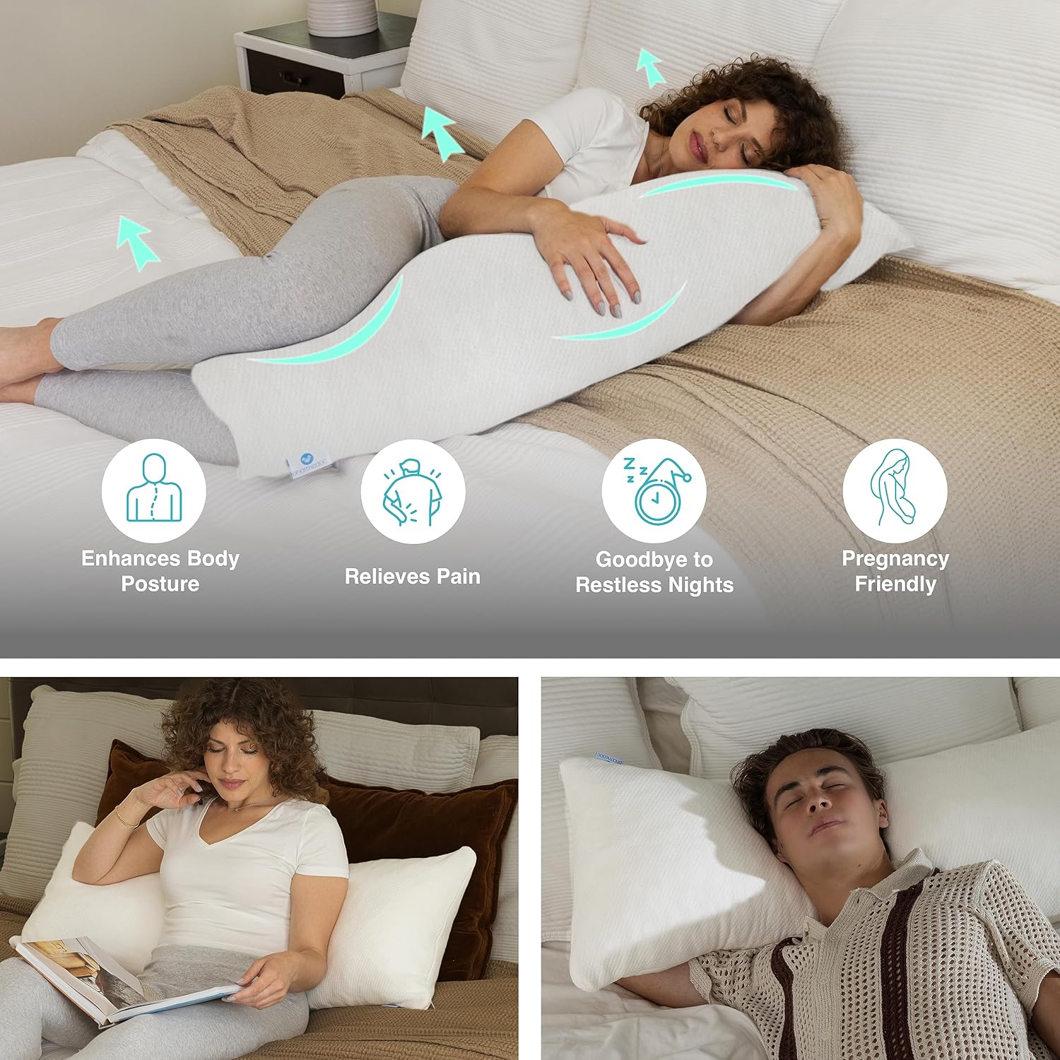 Pharmedoc Almohada corporal de espuma viscoelástica – Almohadas de embarazo para dormir – Almohada para dormir de lado – Almohadas de espuma