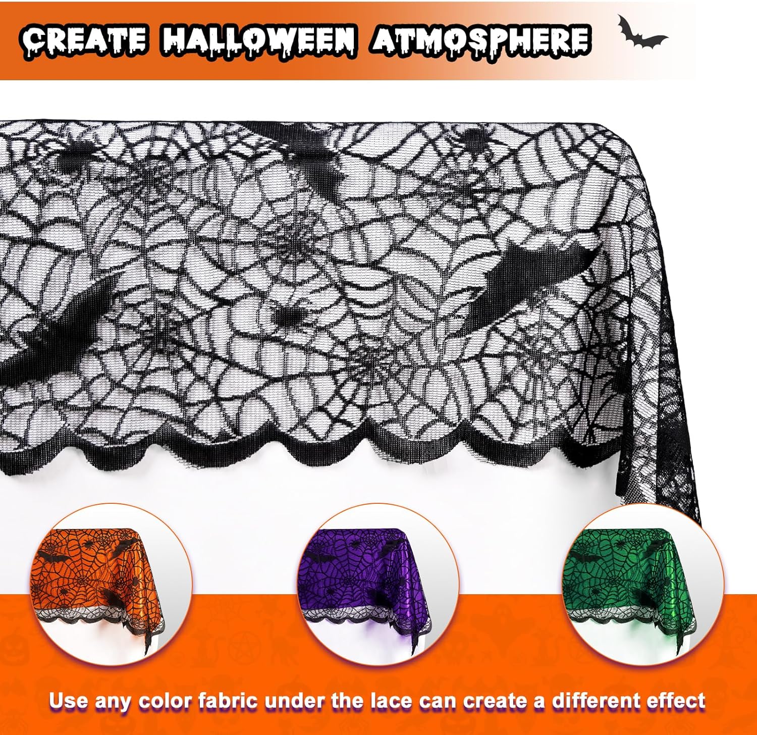 OurWarm 2 manteles de Halloween, mantel rectangular de poliéster con encaje negro y forro naranja, funda de mesa de tela de araña para decoraciones