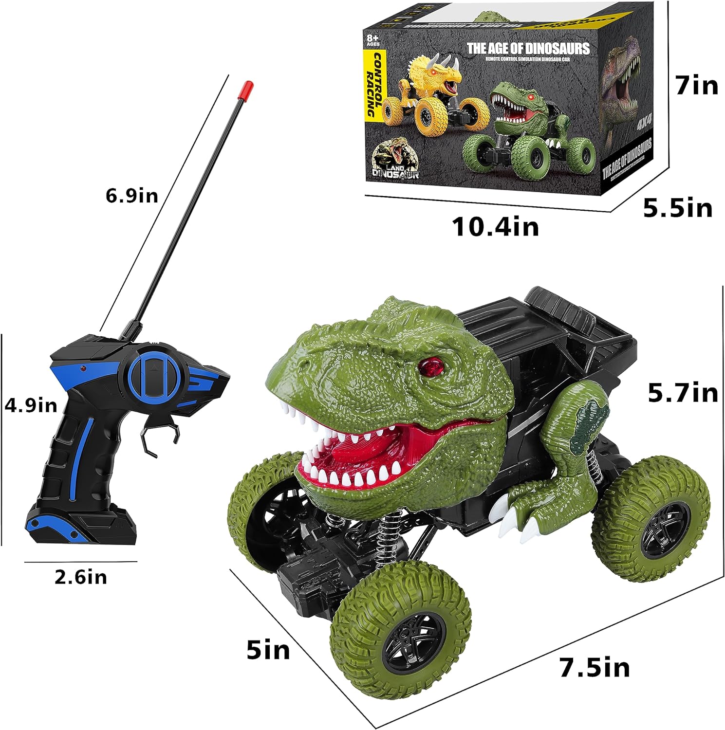 Auto de dinosaurio a control remoto para niños y niños, camión de dinosaurio de control remoto todo terreno de 2.4Ghz con luz, recargable 4WD
