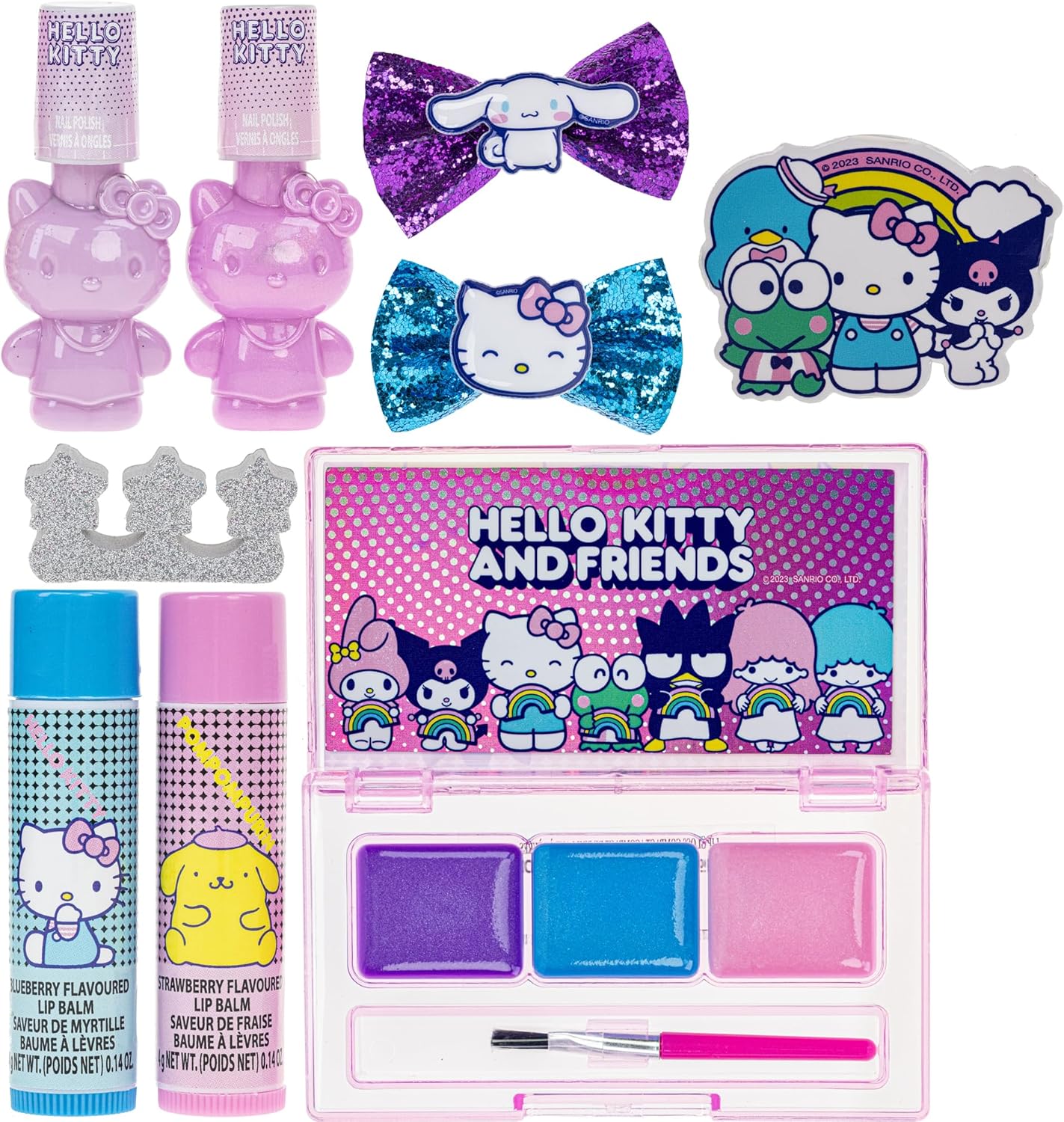 Hello Kitty and Friends – Juego de mochila rellena de maquillaje Townley Girl con 12 piezas, incluye brillo de labios, esmalte de uñas, piedras de