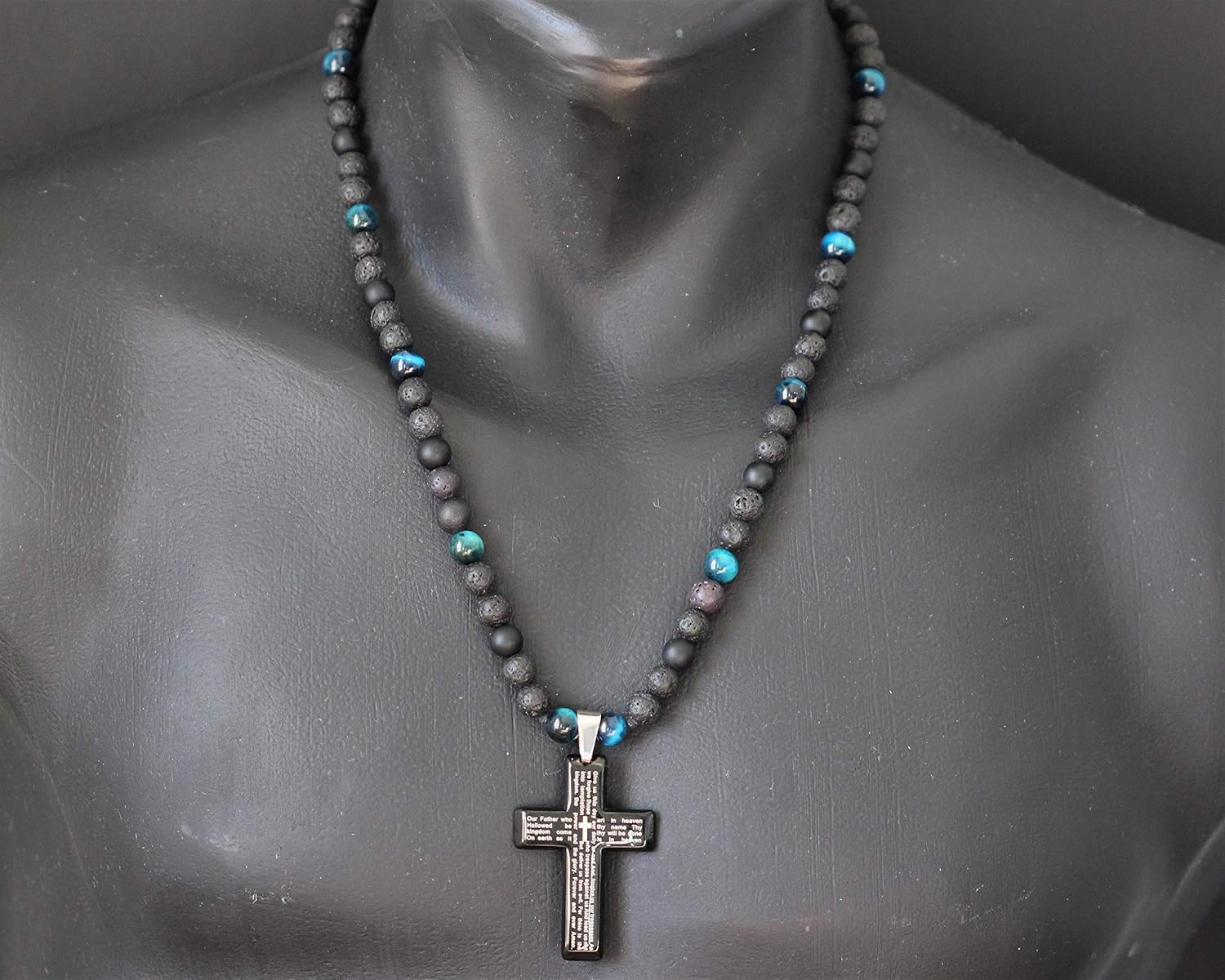 Men’s Cross Necklace Natural Blue Tiger Eye Black Onyx Lava Beaded Long Crystal Protection Healing Gemstone Necklace Christmas Gift For Him