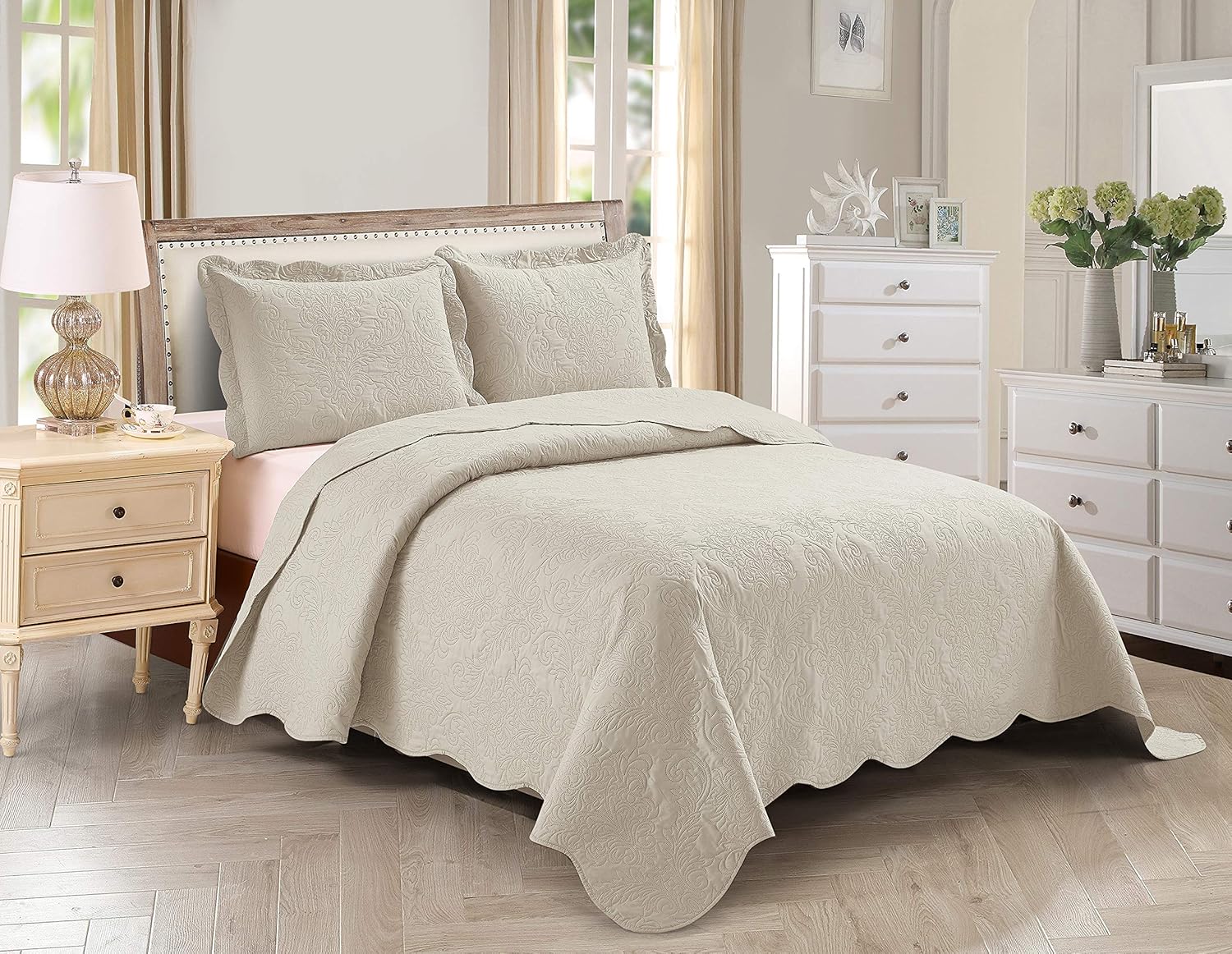 Home Collection – Elegante juego de colcha en relieve, tamaño grande, color liso, Poliéster, Beige, Full Queen