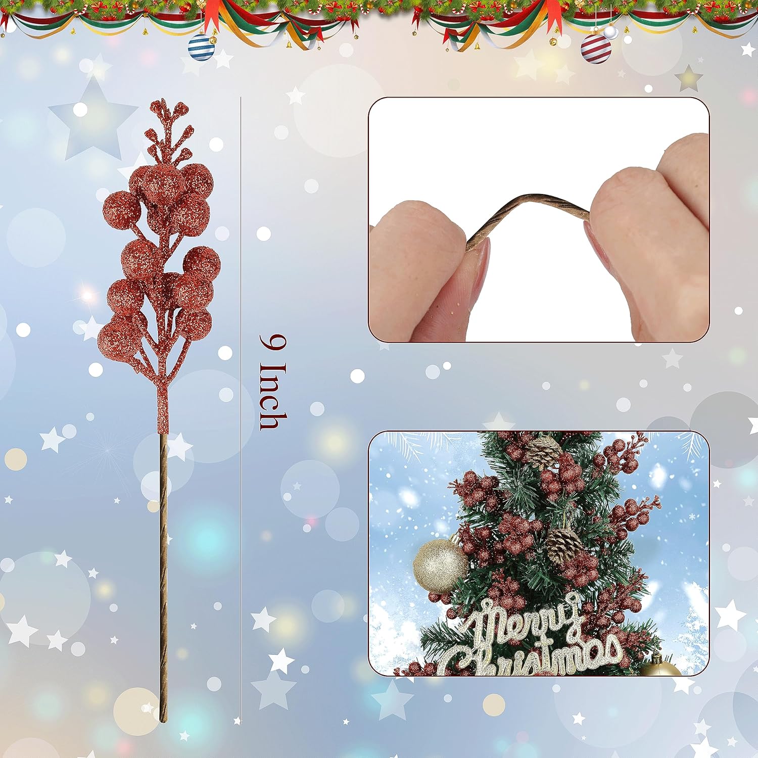 12 piezas de bayas de Navidad, tallos artificiales de bayas rojas con purpurina de 9 pulgadas, púas de Navidad, bayas rojas para árbol de Navidad,