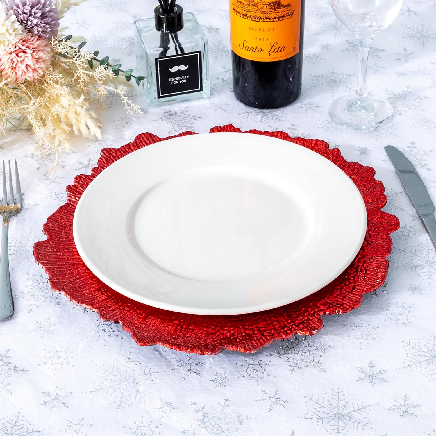 Juego de 6 platos rojos redondos de 13 pulgadas, cargadores de arrecife de plástico para platos de cena, suministros de boda para todas las