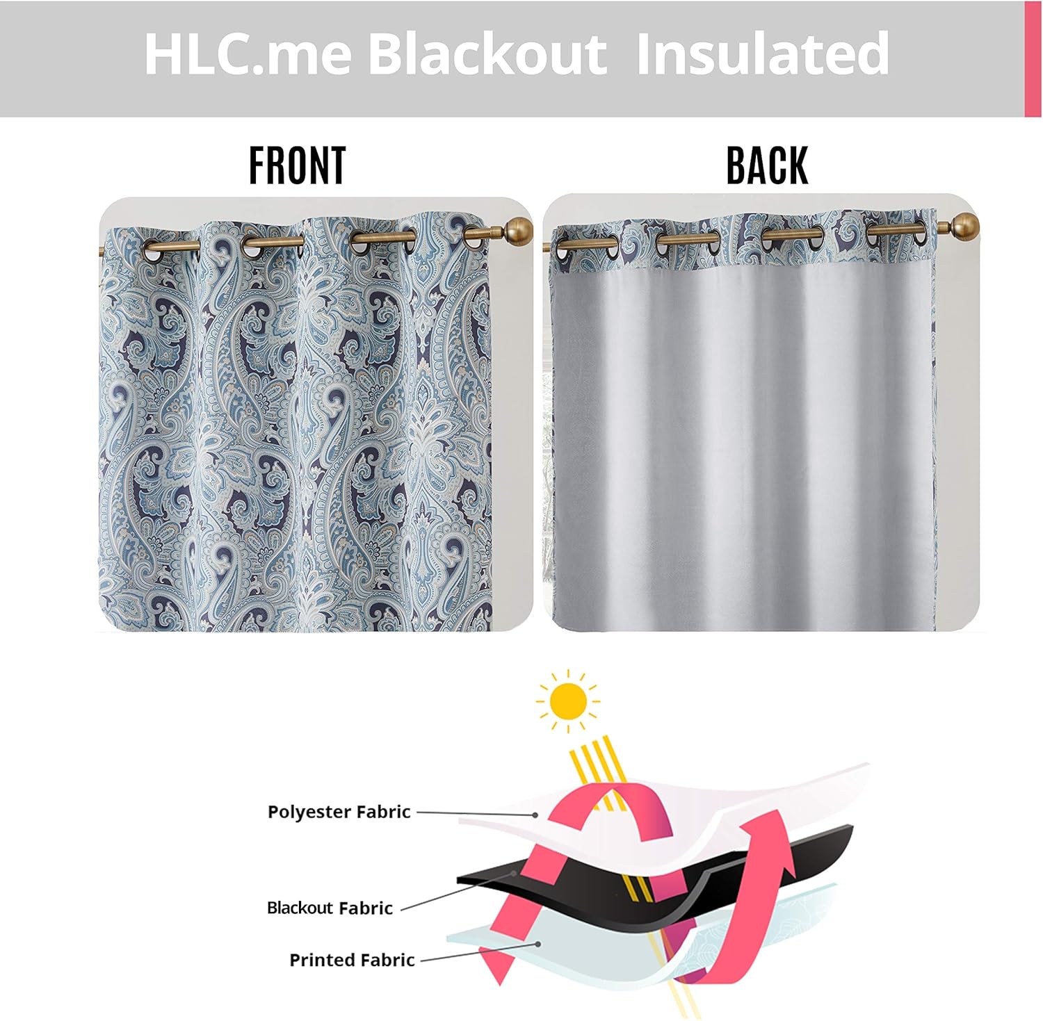 HLC.ME París Paisley Print Damasco grueso aislamiento térmico ahorro de energía habitación oscurecimiento, ojales en la parte superior, cortinas de