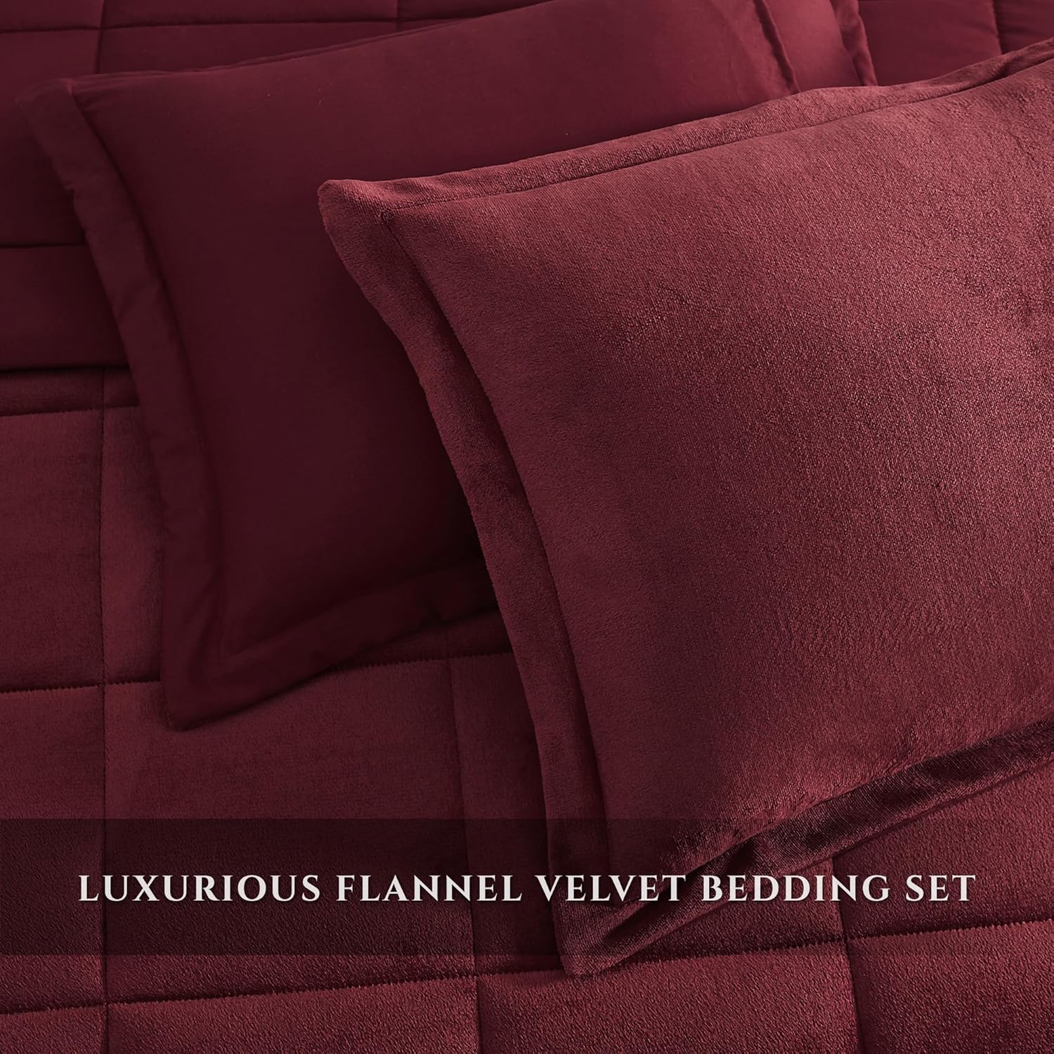 MAIREVE – Juego de edredón de lujo de tamaño matrimonial, juego de ropa de cama de franela de 7 piezas de color rojo burdeos, edredones de felpa