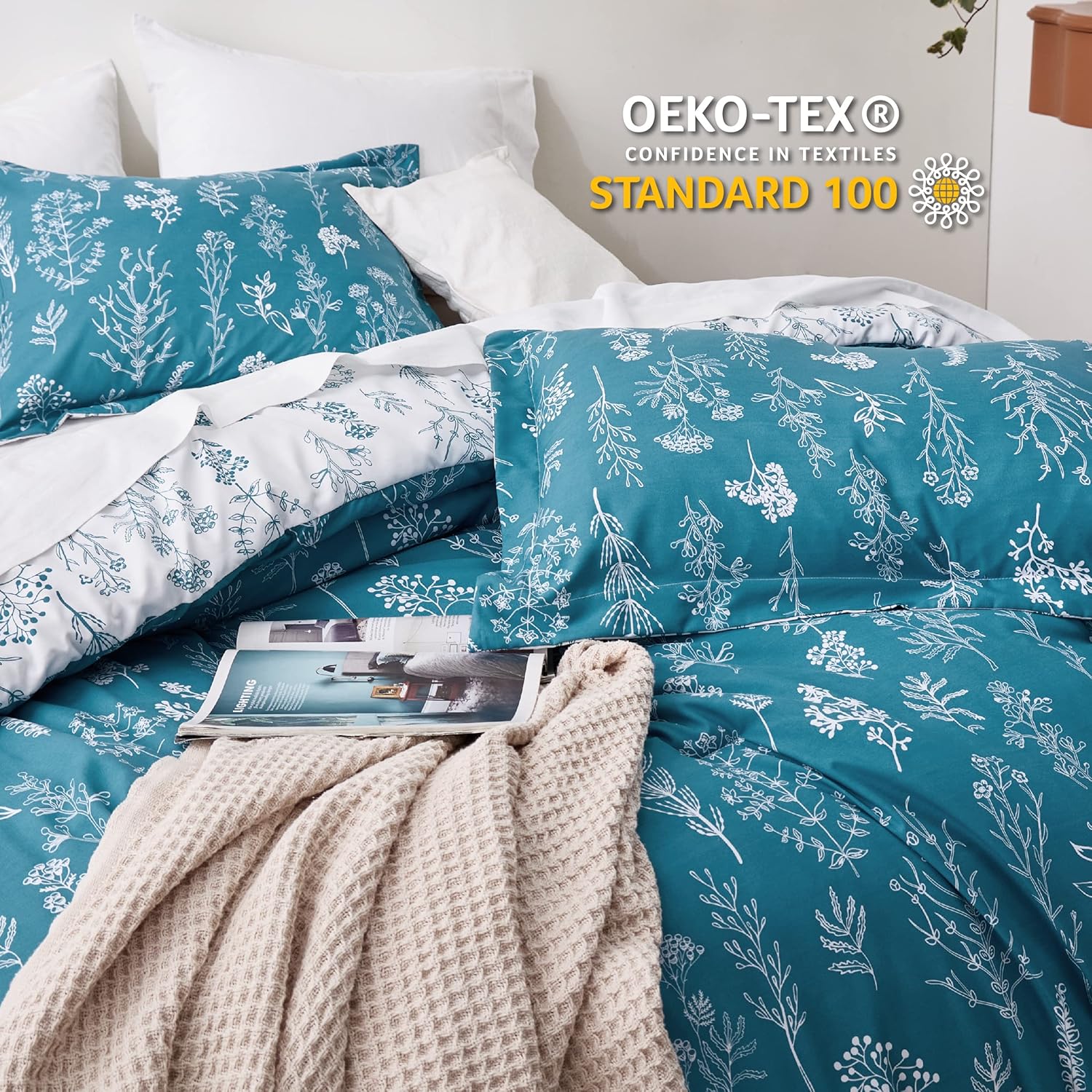 Bedsure Juego de edredón King  Edredón azul turquesa, bonitos juegos de edredón floral, 3 piezas, 1 edredón reversible suave con flores botánicas y