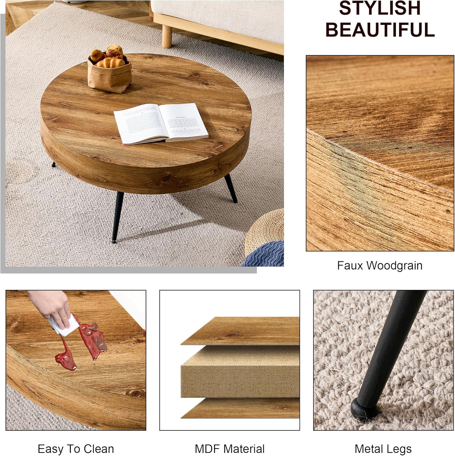 Mesas de centro rústicas para sala de estar, moderna, pequeña mesa de centro redonda de madera con 4 patas de metal, mesa de té para sala de estar,