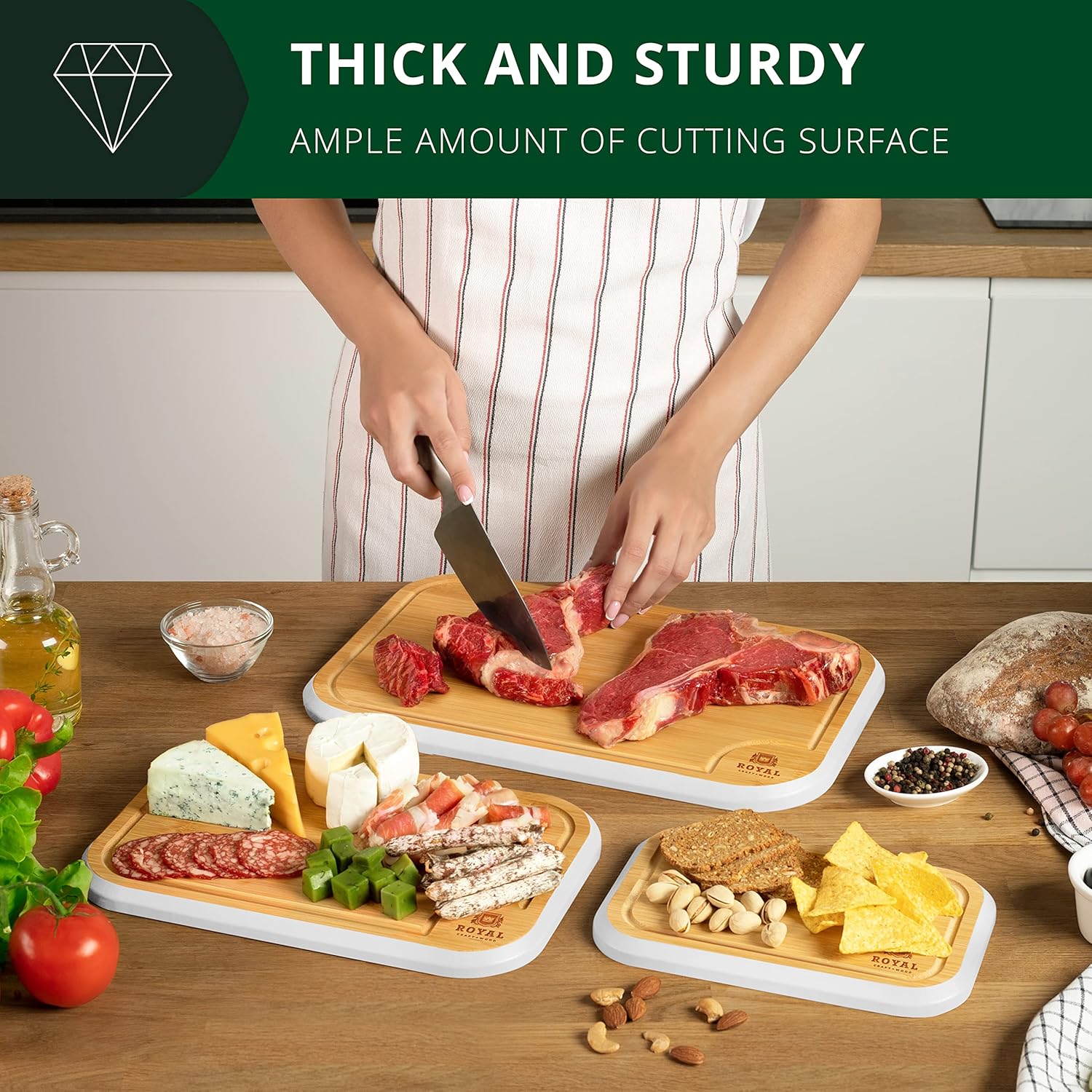 Juego de tablas para cortar de bambú para cocina con ranura de líquidos (3 piezas) para carne, queso y verduras, color blanco