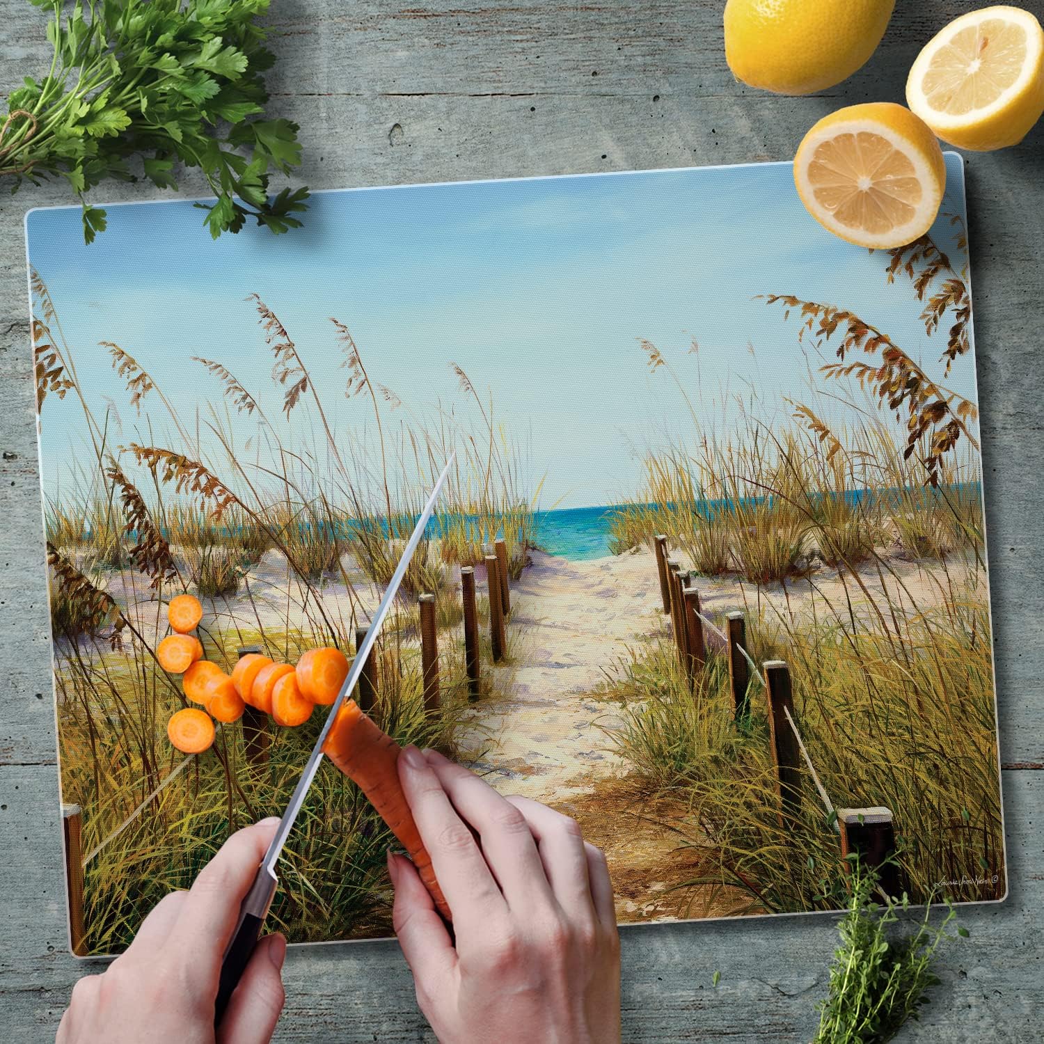 CounterArt Path to the Ocean – Tabla de cortar de vidrio templado tolerante al calor de 0.118in, 15 x 12 pulgadas, fabricada en los Estados Unidos,