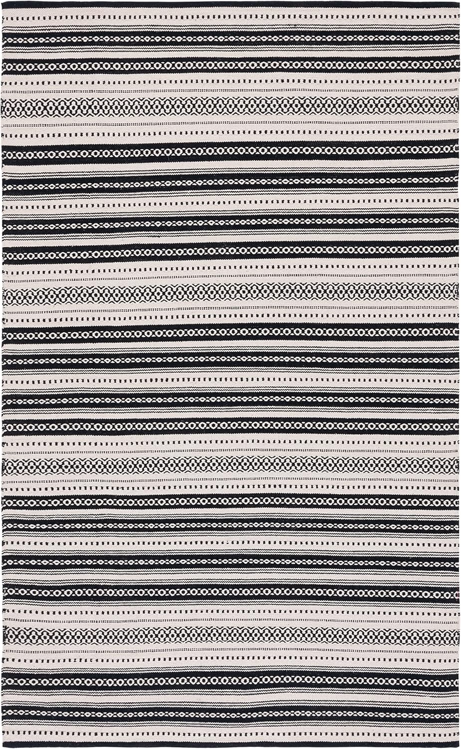 SAFAVIEH Montauk Collection – Alfombra decorativa de 3 x 5 pies, color negro y marfil, tejido plano, diseño de algodón a rayas estilo bohemio, fácil