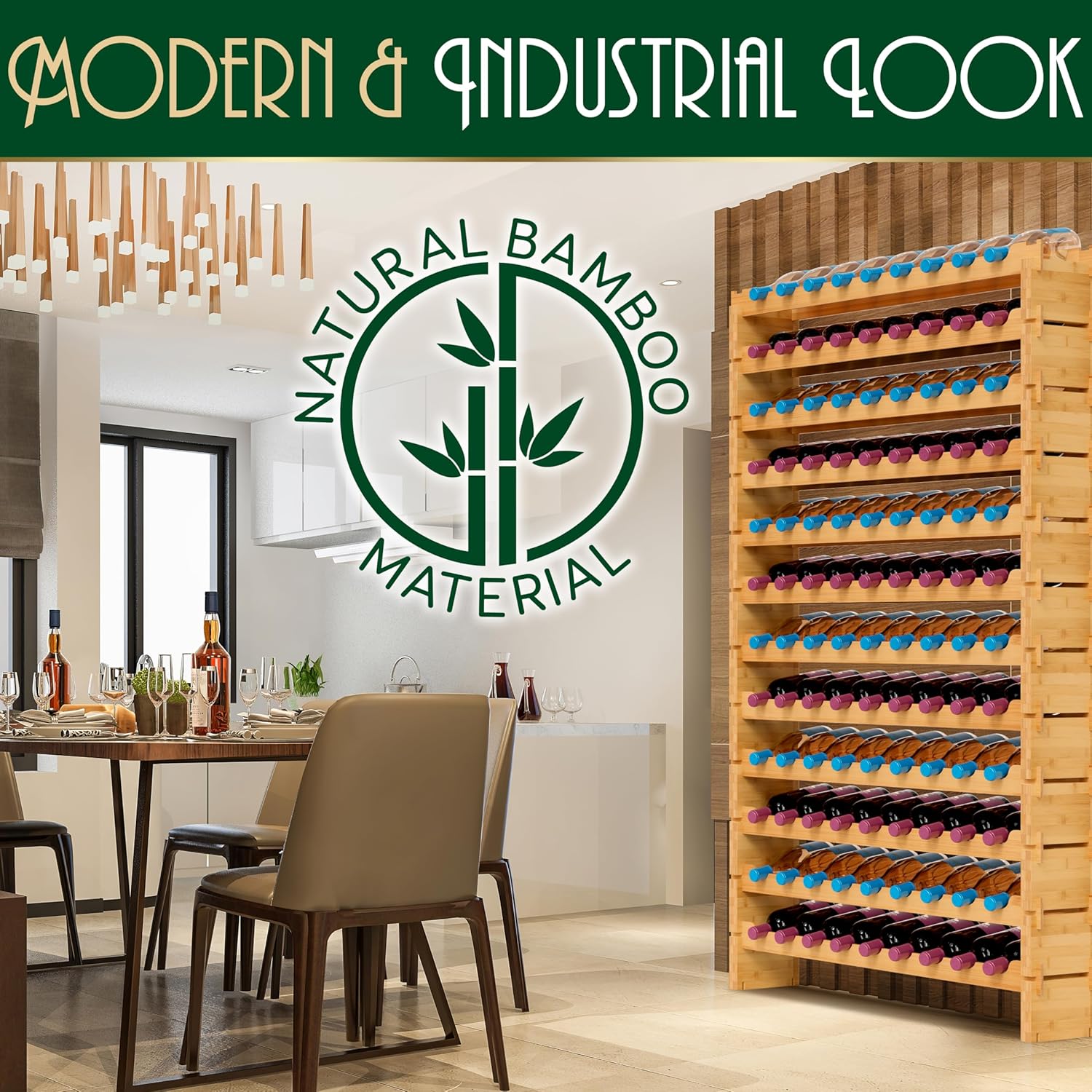 SereneLife Estante de vino apilable de bambú, capacidad de 108 botellas de 12 niveles, suelo de pie, sin herramientas, estante modular de