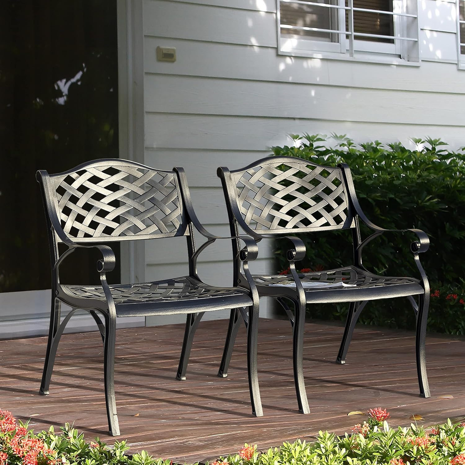 NUU GARDEN Juego de 2 sillas de comedor de aluminio, para interiores y exteriores, con brazos para jardín, patio, porche, color negro con motas