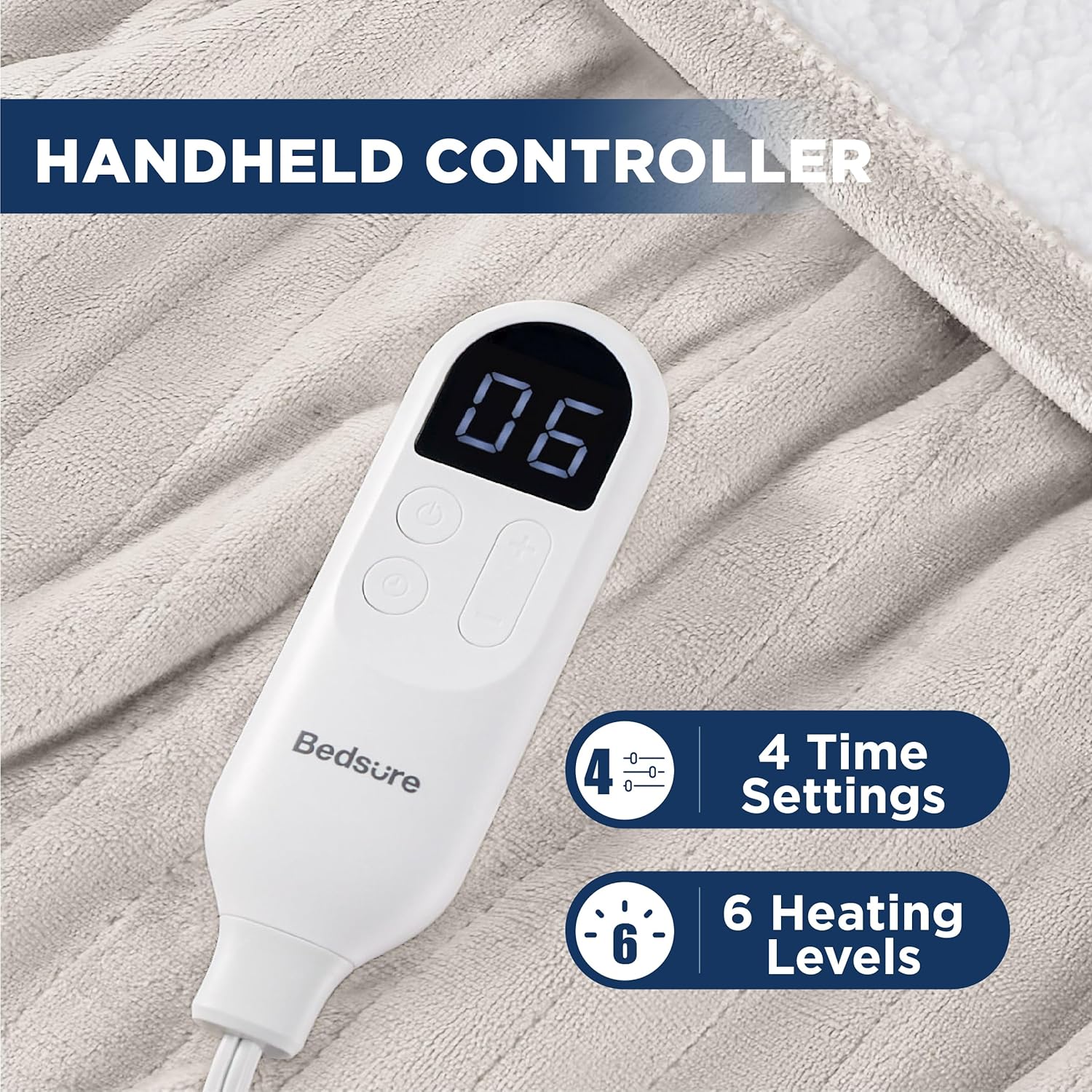 Bedsure Manta térmica eléctrica, manta eléctrica de franela suave, manta térmica con 4 ajustes de tiempo, 6 ajustes de calor y temporizador de 3
