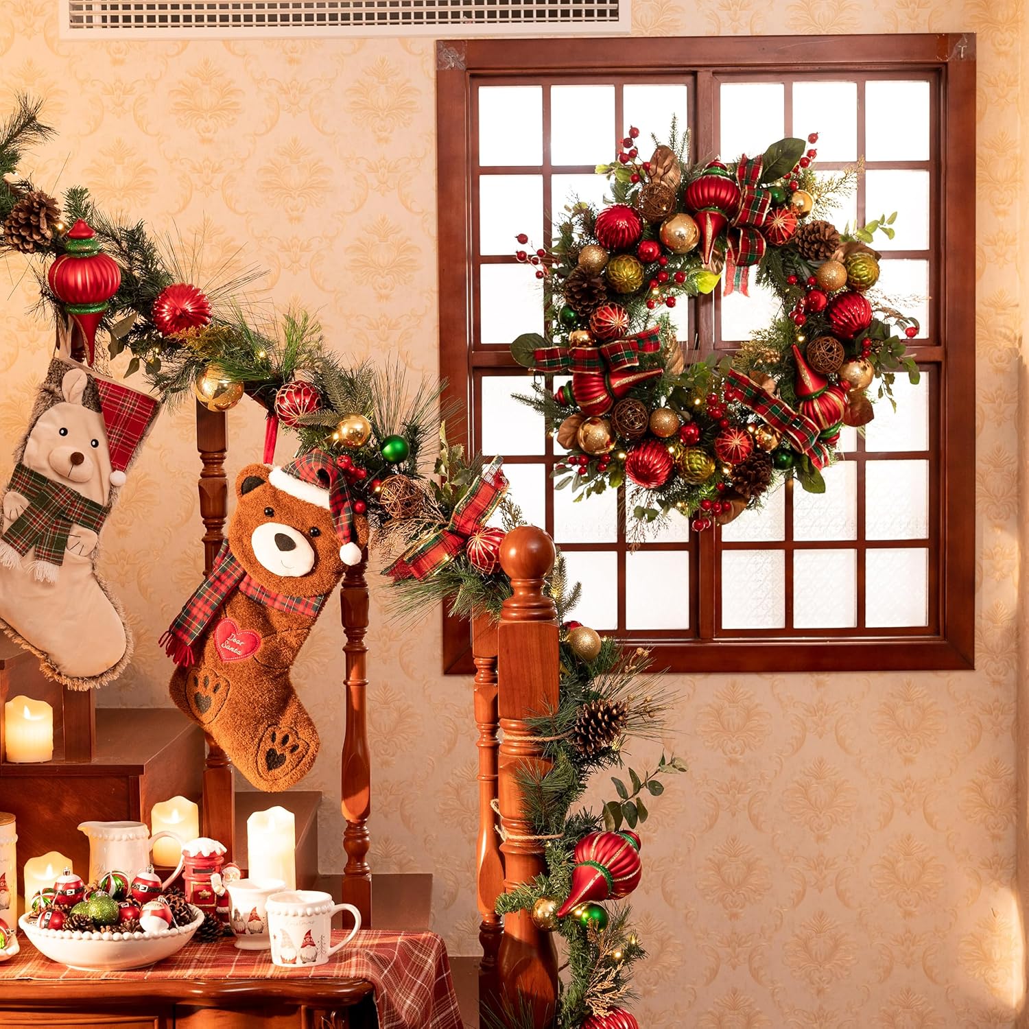 Valery Madelyn Corona de Navidad preiluminada para puerta delantera con luces, corona de Navidad grande de 30 pulgadas con cinta de bola de Navidad