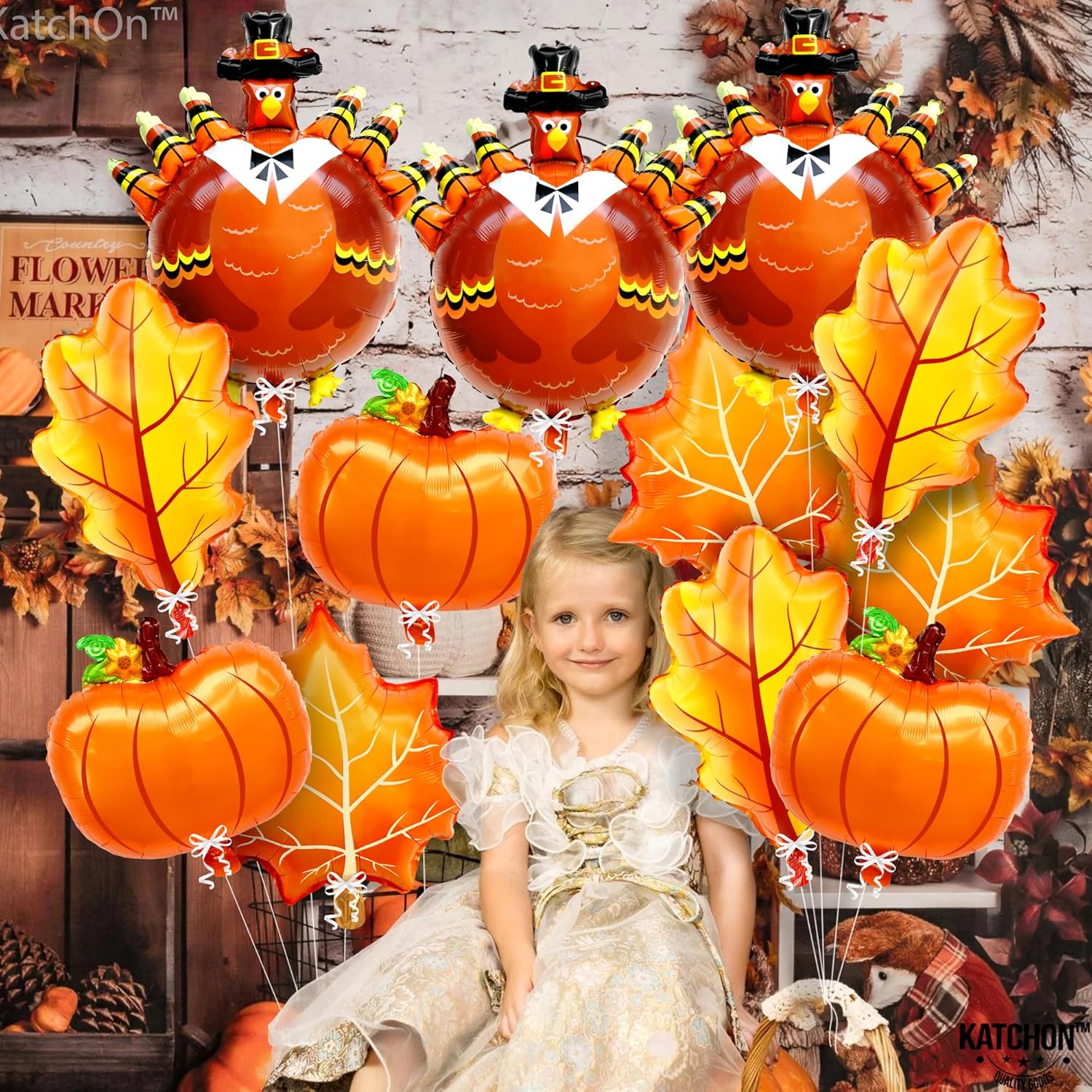 KatchOn, Juego de globos de aluminio de calabaza y pavo, grande, paquete de 24  Globos de papel de aluminio de Acción de Gracias para decoración de