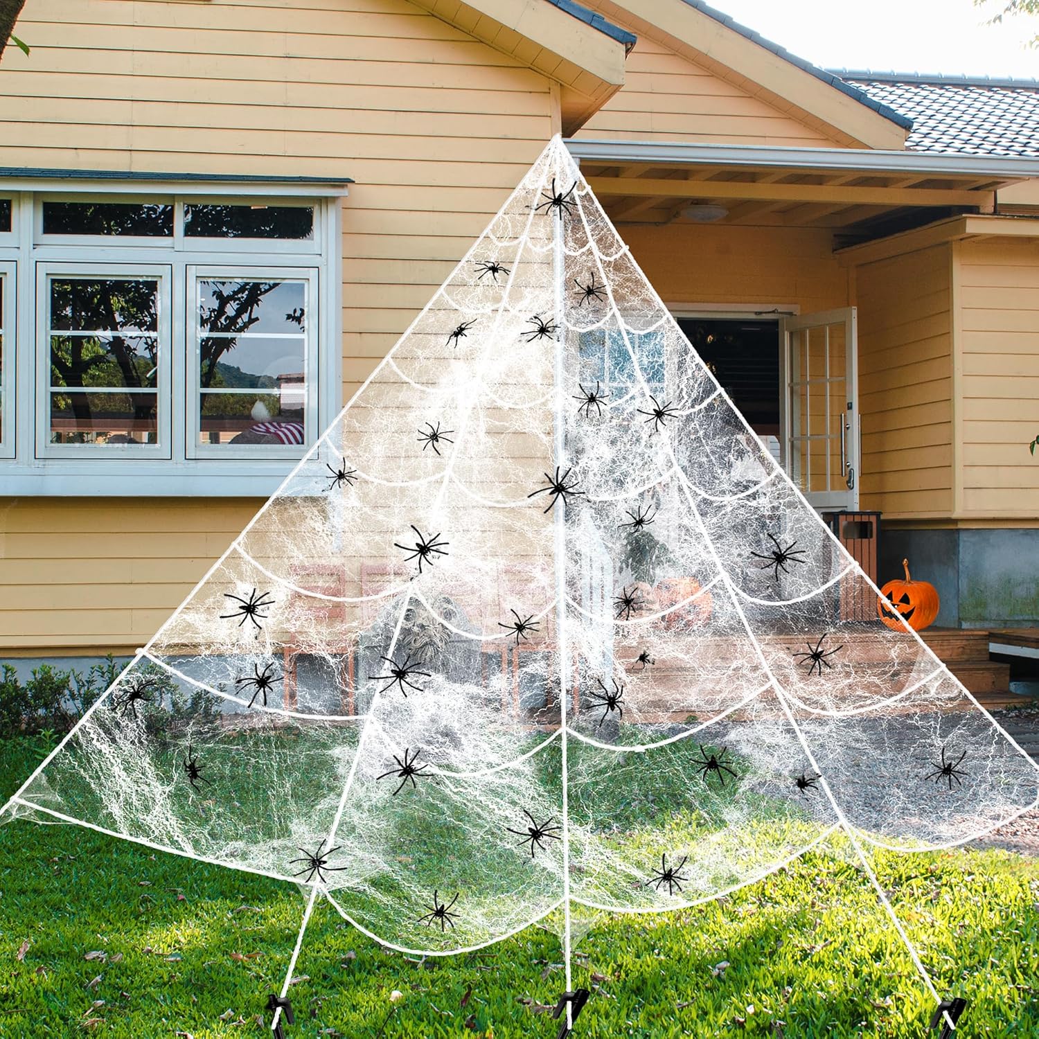 Katchon, Decoraciones de Halloween de araña gigante, paquete de 2, telaraña triangular de Halloween para exteriores, cuerda de telaraña, decoración