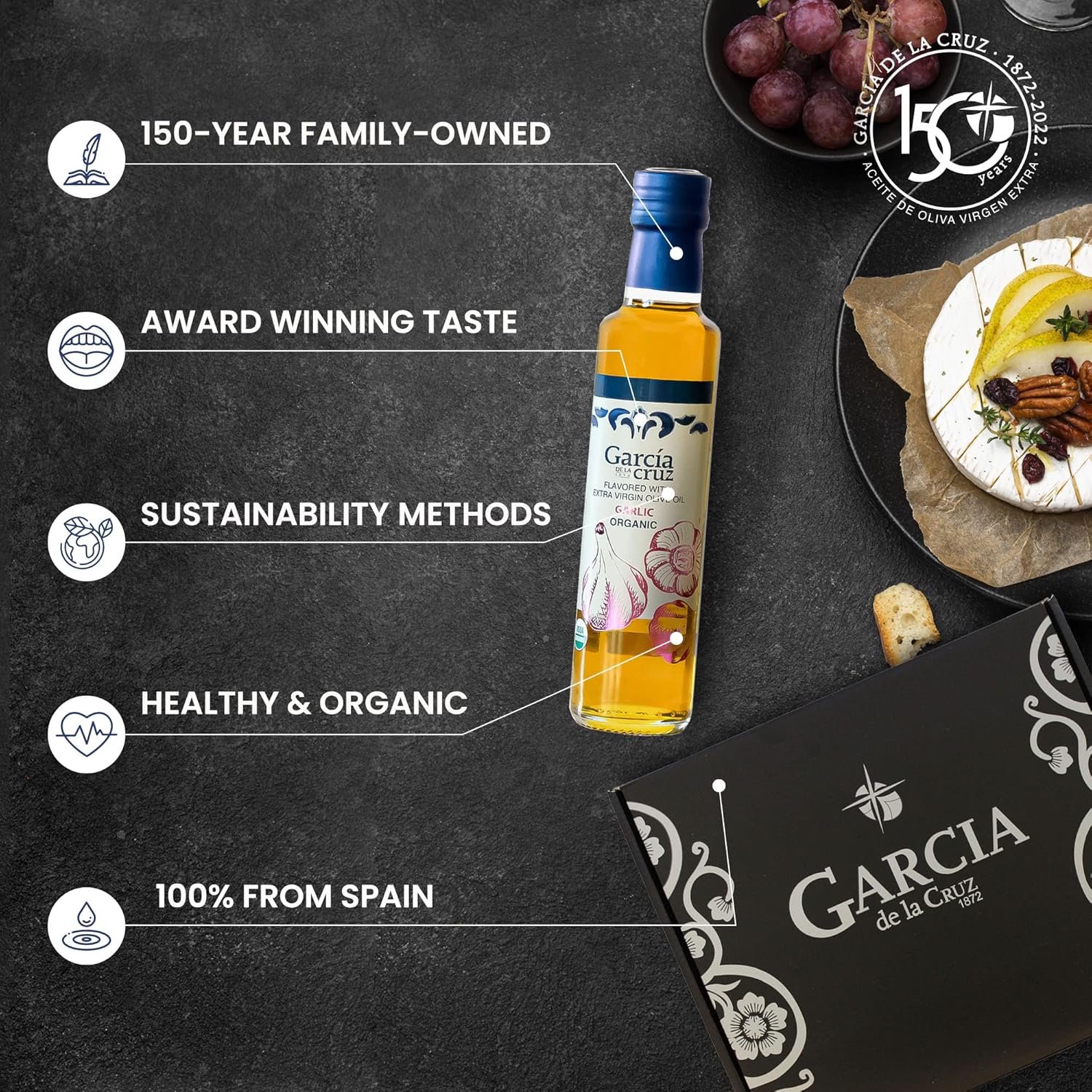 Aceite de oliva con infusión de ajo de Garcia de la Cruz, aceite de oliva orgánico español de primera calidad, de origen único, sin OMG y orgánico