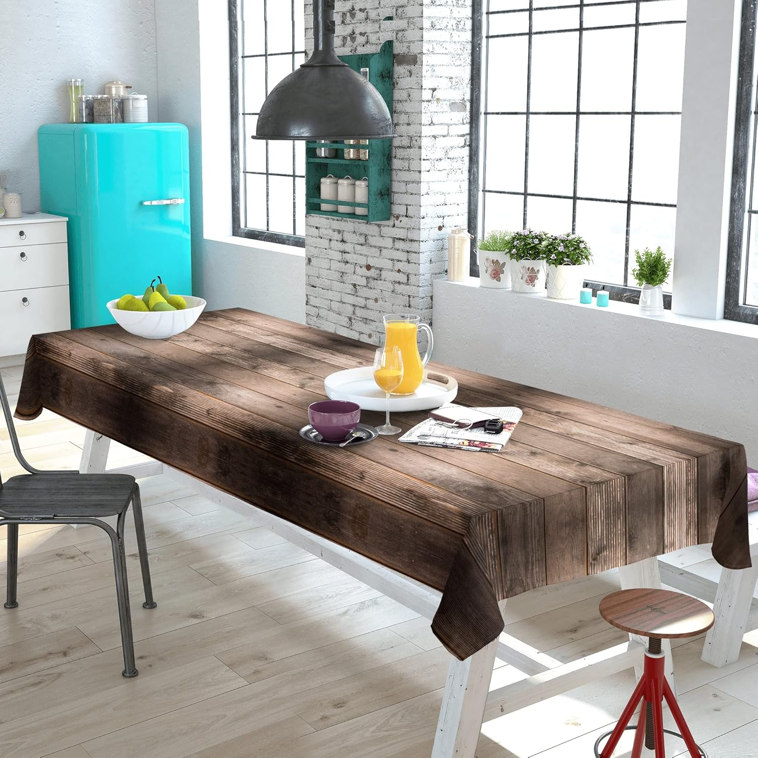 Mantel rectangular de tela de poliéster de 60 x 120 pulgadas, de grano de madera marrón, lavable, resistente a las arrugas, para comedor al aire