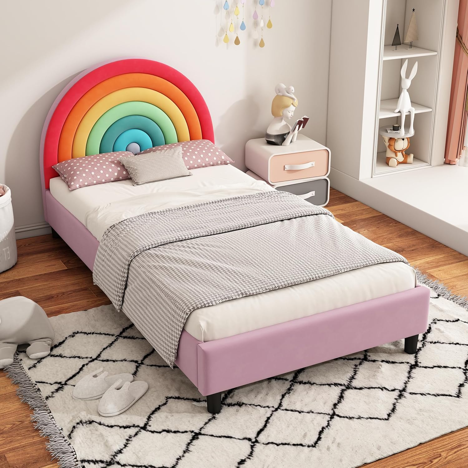 SOFTSEA Marco de cama tamaño individual, marco de cama individual para niños, cama de plataforma tapizada tamaño individual con cabecera arcoíris,