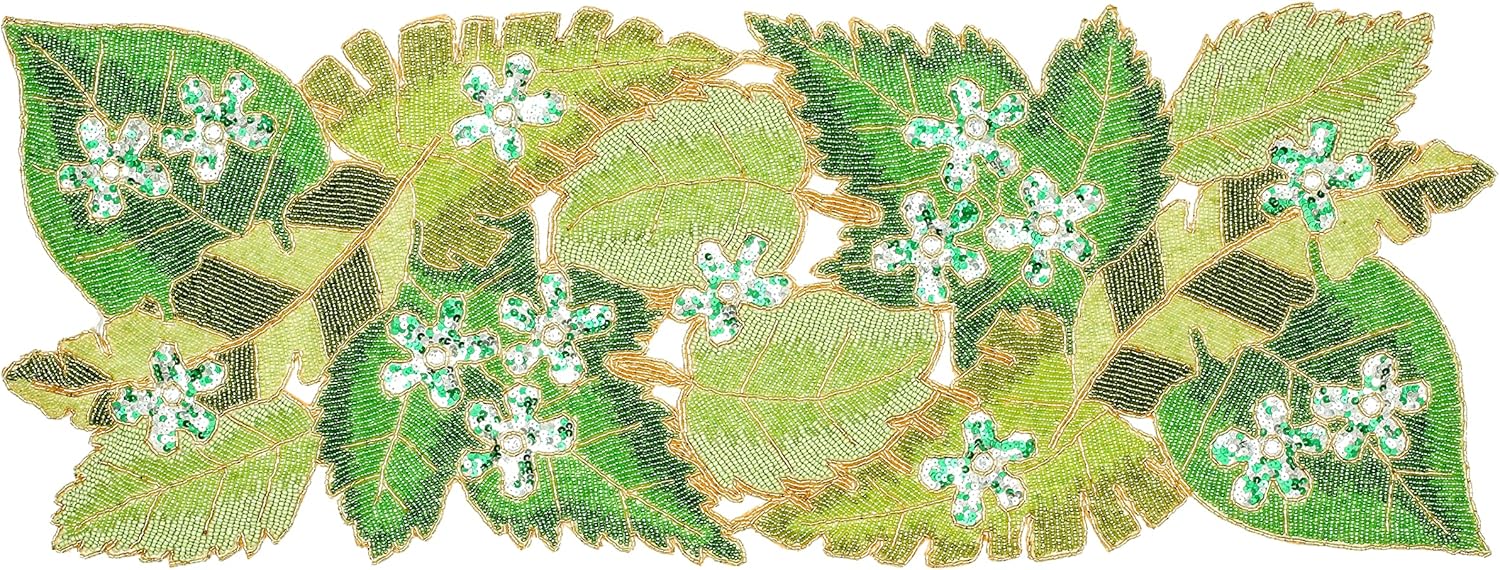 Camino de mesa con cuentas de hojas verdes de 36 pulgadas de largo, hermoso y elegante camino decorativo brillante perfecto para decoración de mesa