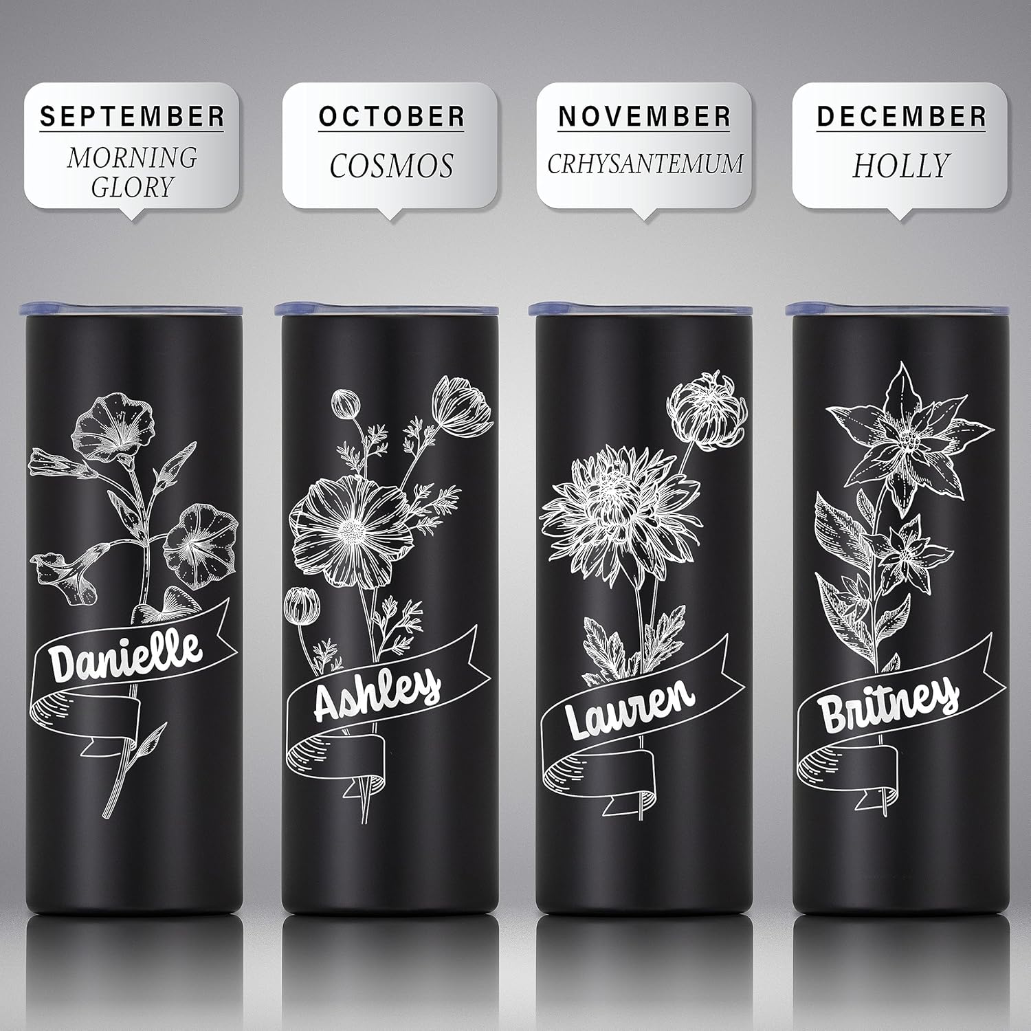 Vaso personalizado con flor de nacimiento grabada y nombre, vaso de café aislado al vacío de acero inoxidable de 20 onzas con tapa deslizante, taza
