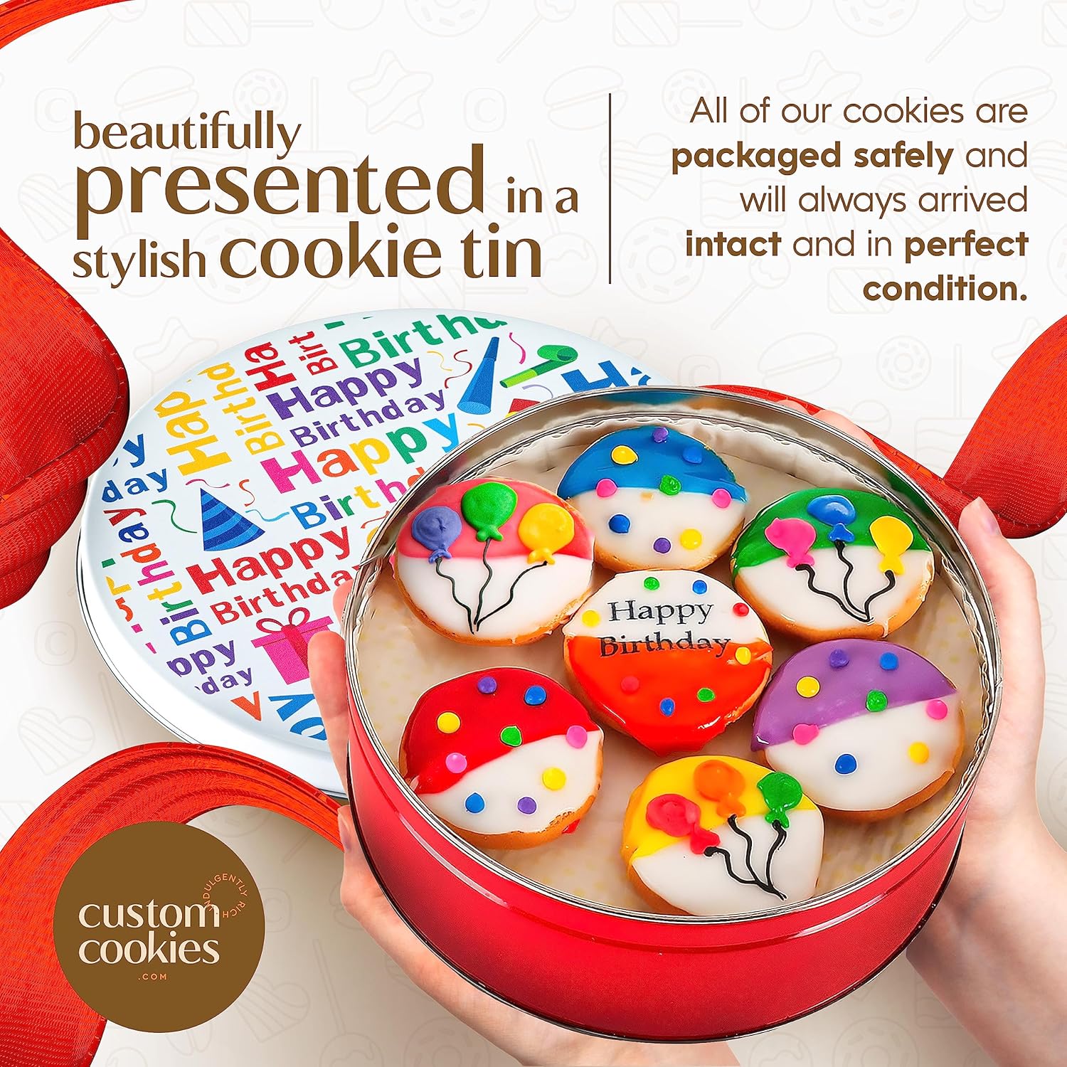 Cesta de regalo de galletas de feliz cumpleaños con 21 piezas decoradas individualmente a mano en varios colores blanco y negro. 7 colores