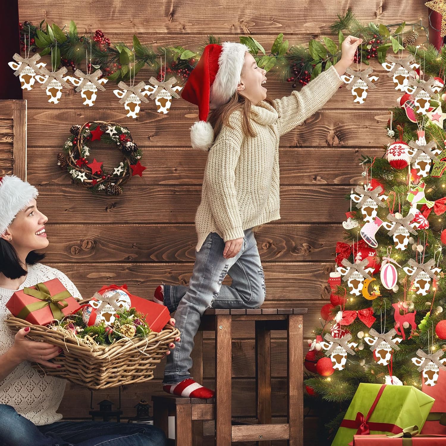 24 adornos de Navidad de vaca, decoración colgante de árbol de Navidad, cabeza de vaca, letrero de madera para puerta delantera, vaca rústica,
