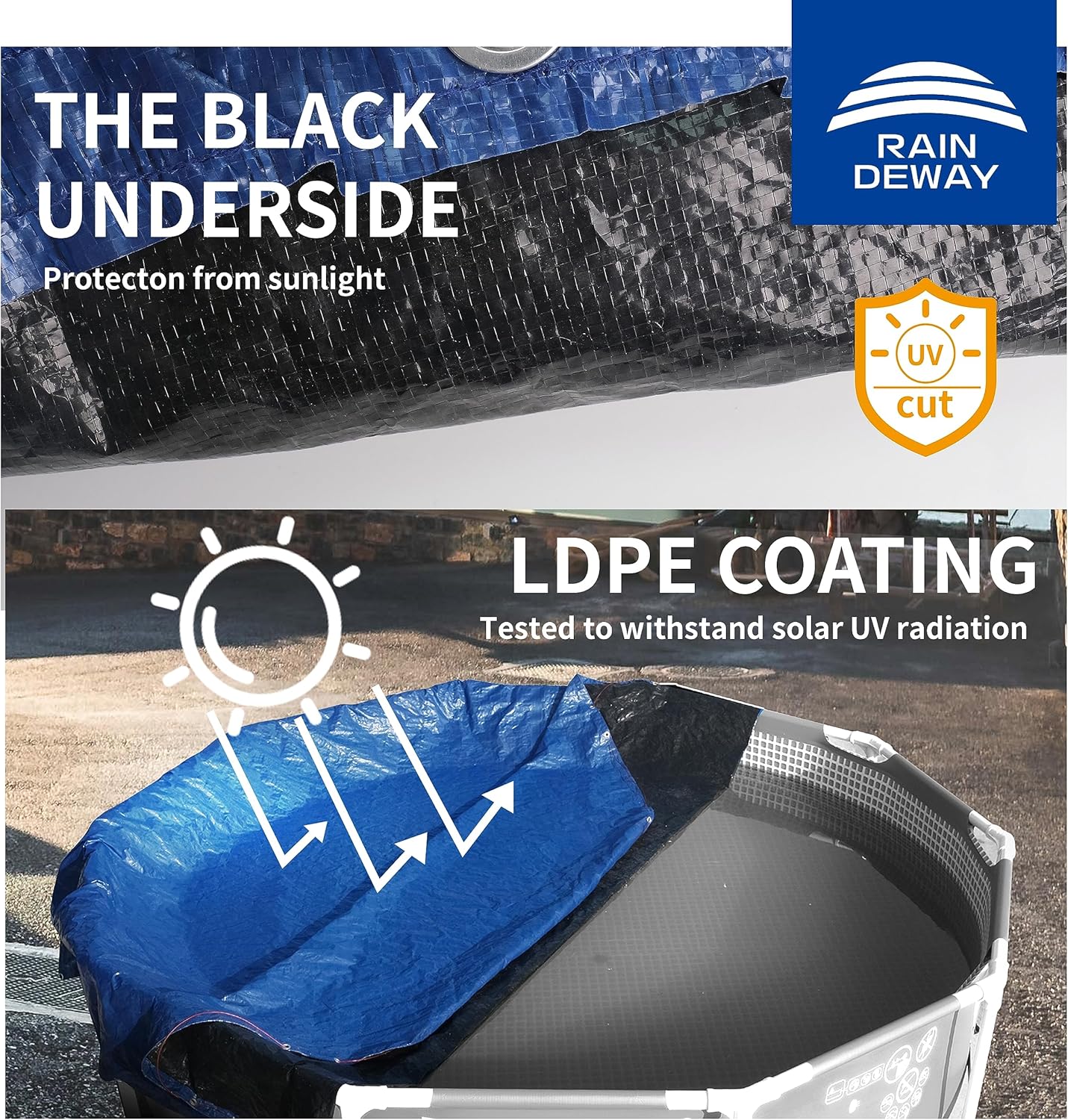 Cubierta redonda para piscina con cuerdas, para piscinas sobre el suelo, resistente a los rayos UV, a prueba de polvo, impermeable, azulnegro (solo