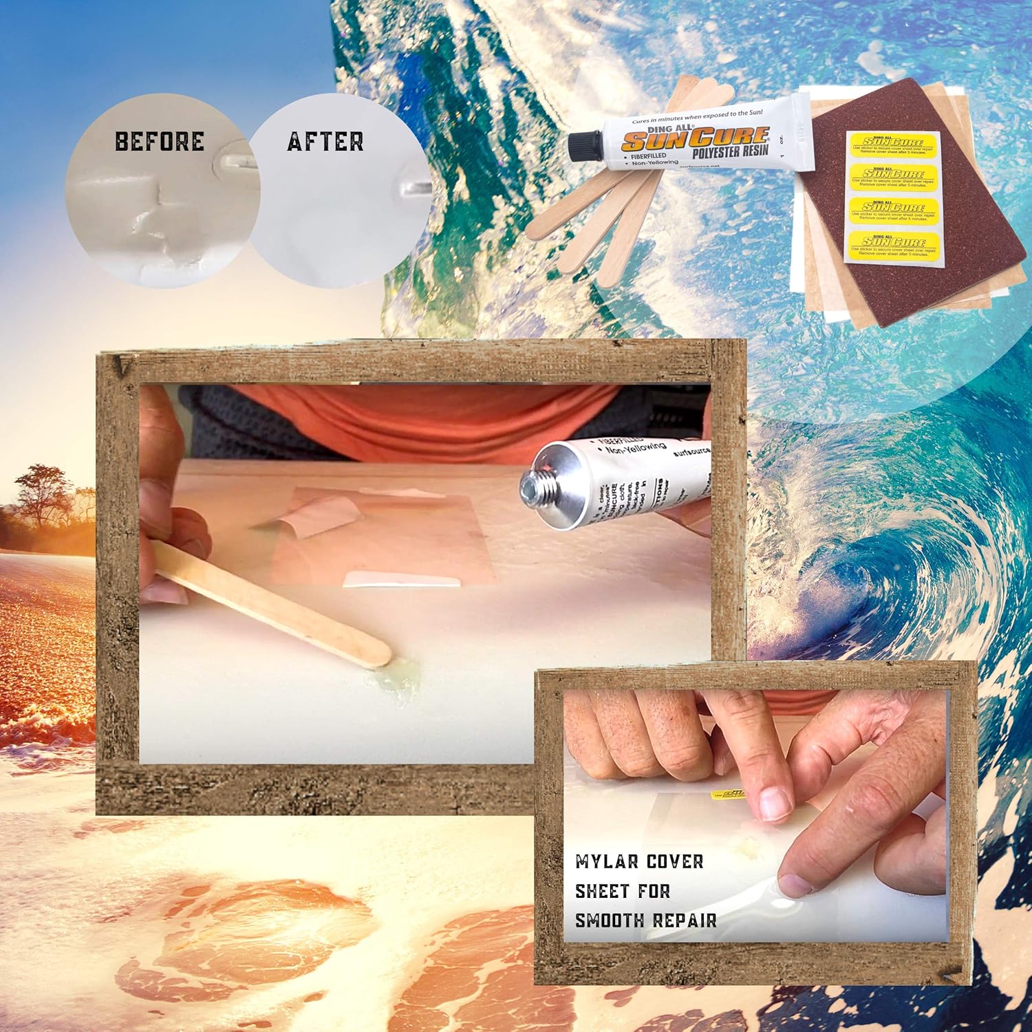 Sun Cure Mini kit de relleno de fibra de 1 oz con reparación de tabla de surf de papel de lija