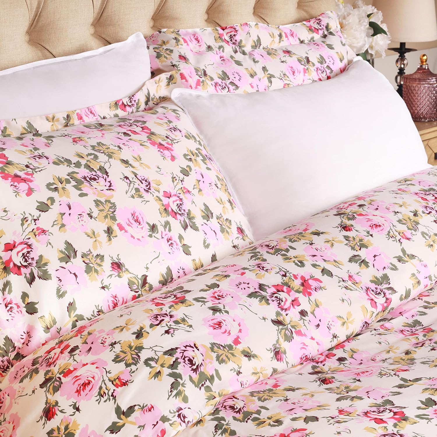 SUPERIOR Juego de funda de edredón de algodón de 300 hilos con fundas de almohada, duradero y transpirable, lavable a máquina, ropa de cama floral