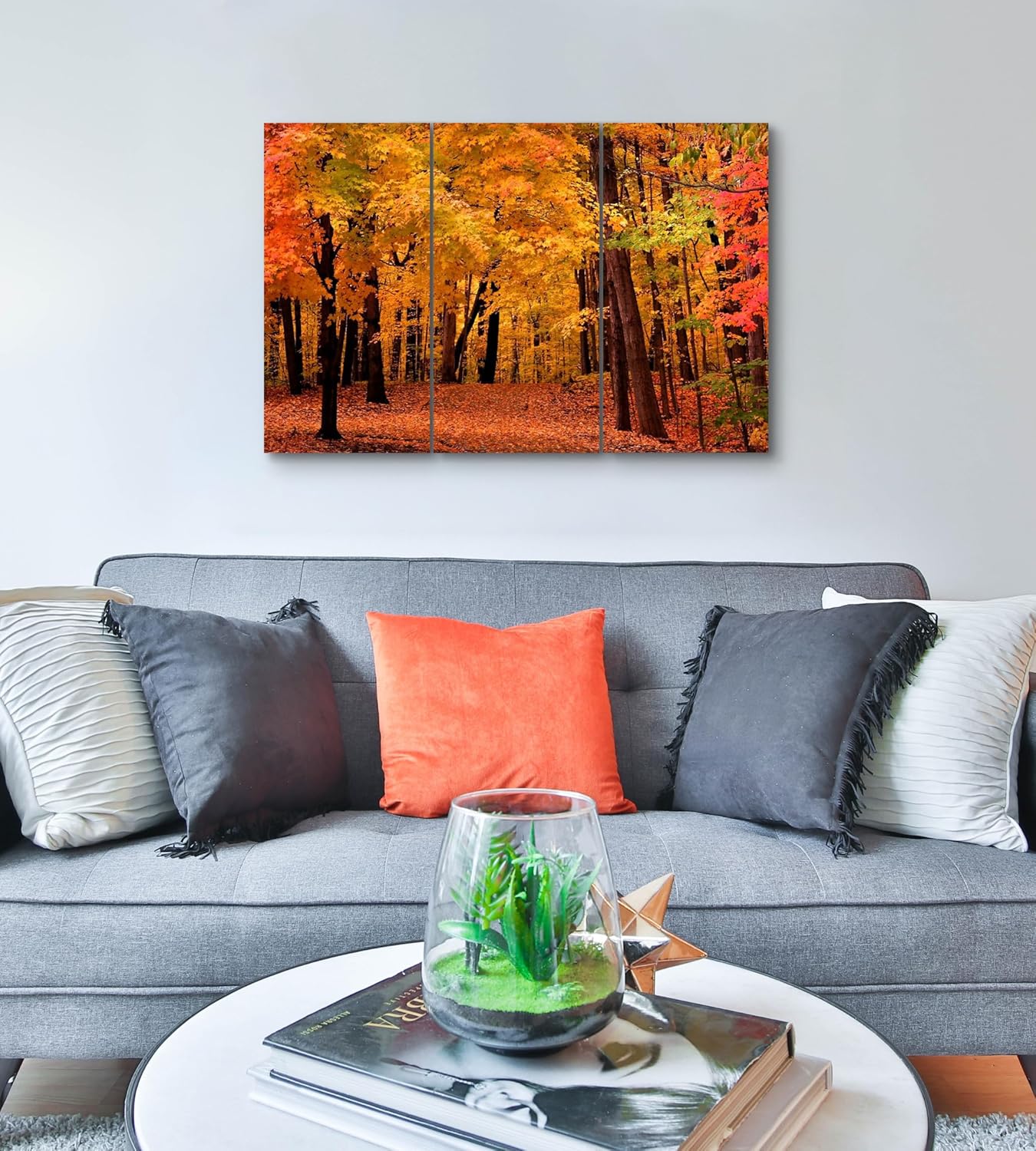 Decoración artística de pared de bosque, juego de 3 piezas, decorativo enmarcado para otoño, árbol, lienzo, múltiples paneles divididos para sala de