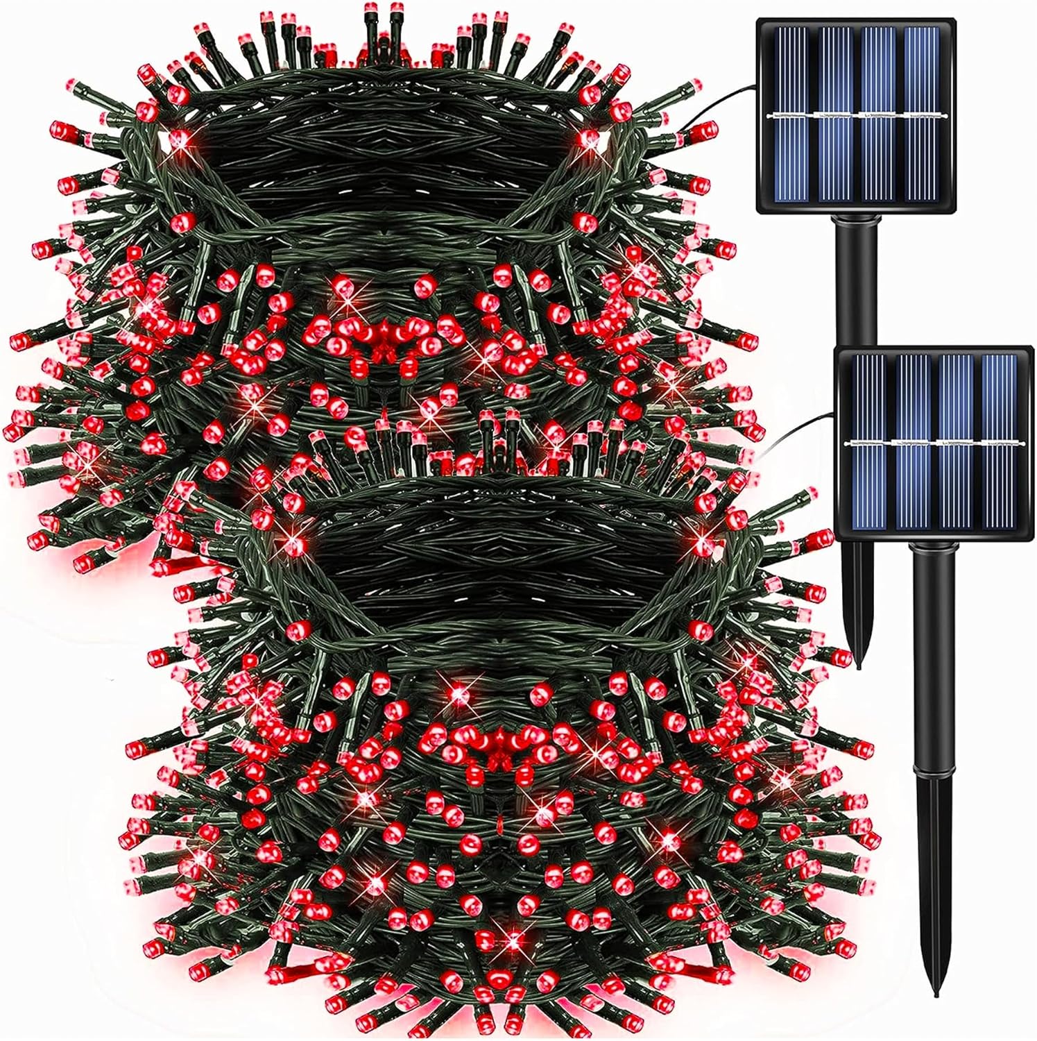 Dazzle Bright Paquete de 2 tiras solares de Navidad rojas de 400 LED de 132 pies para exteriores, funciona con energía solar con 8 modos de luces
