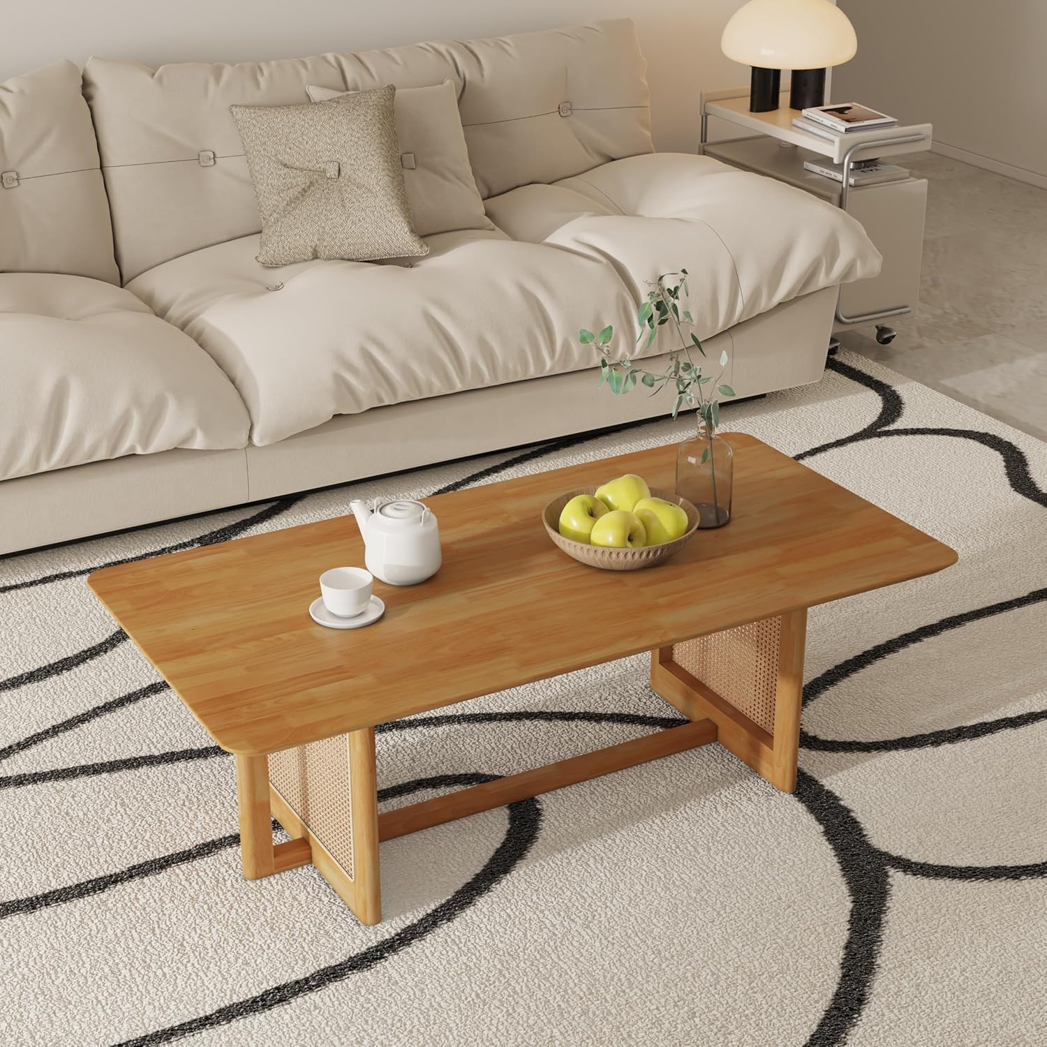 TesNus Mesa de centro de madera maciza para sala de estar, mesa auxiliar rectangular bohemia con parte superior de madera y patas inspiradas en