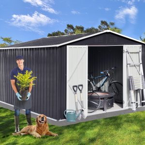 EMKK Cobertizo de almacenamiento para exteriores de 10 x 8 pies, kit de cobertizos de jardín de metal de acero galvanizado con puerta doble con EMKK Cobertizo de almacenamiento para exteriores de 10 x 8 pies, kit de cobertizos de jardín de metal de acero galvanizado con puerta doble con