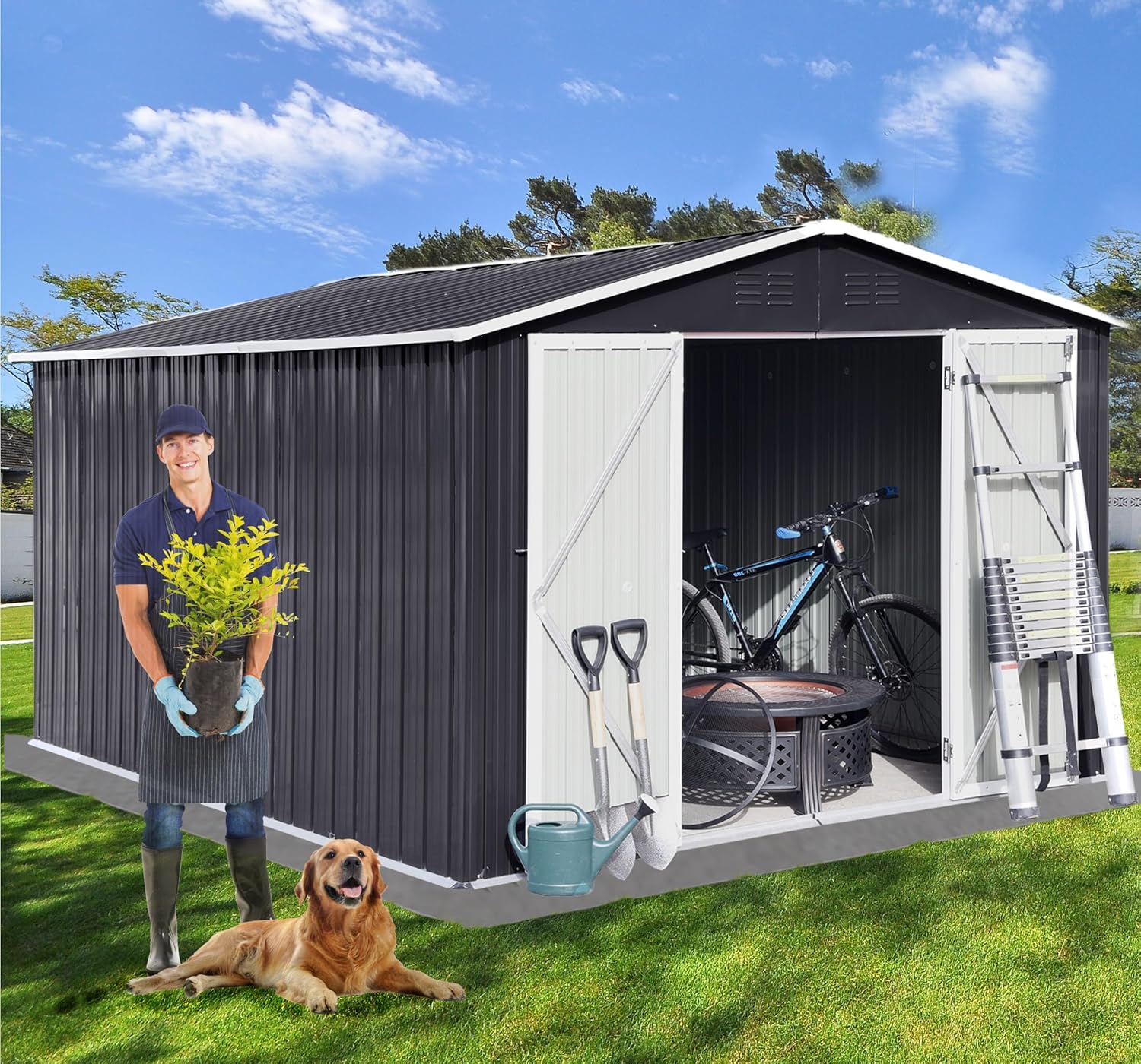 EMKK Cobertizo de almacenamiento para exteriores de 10 x 8 pies, kit de cobertizos de jardín de metal de acero galvanizado con puerta doble con
