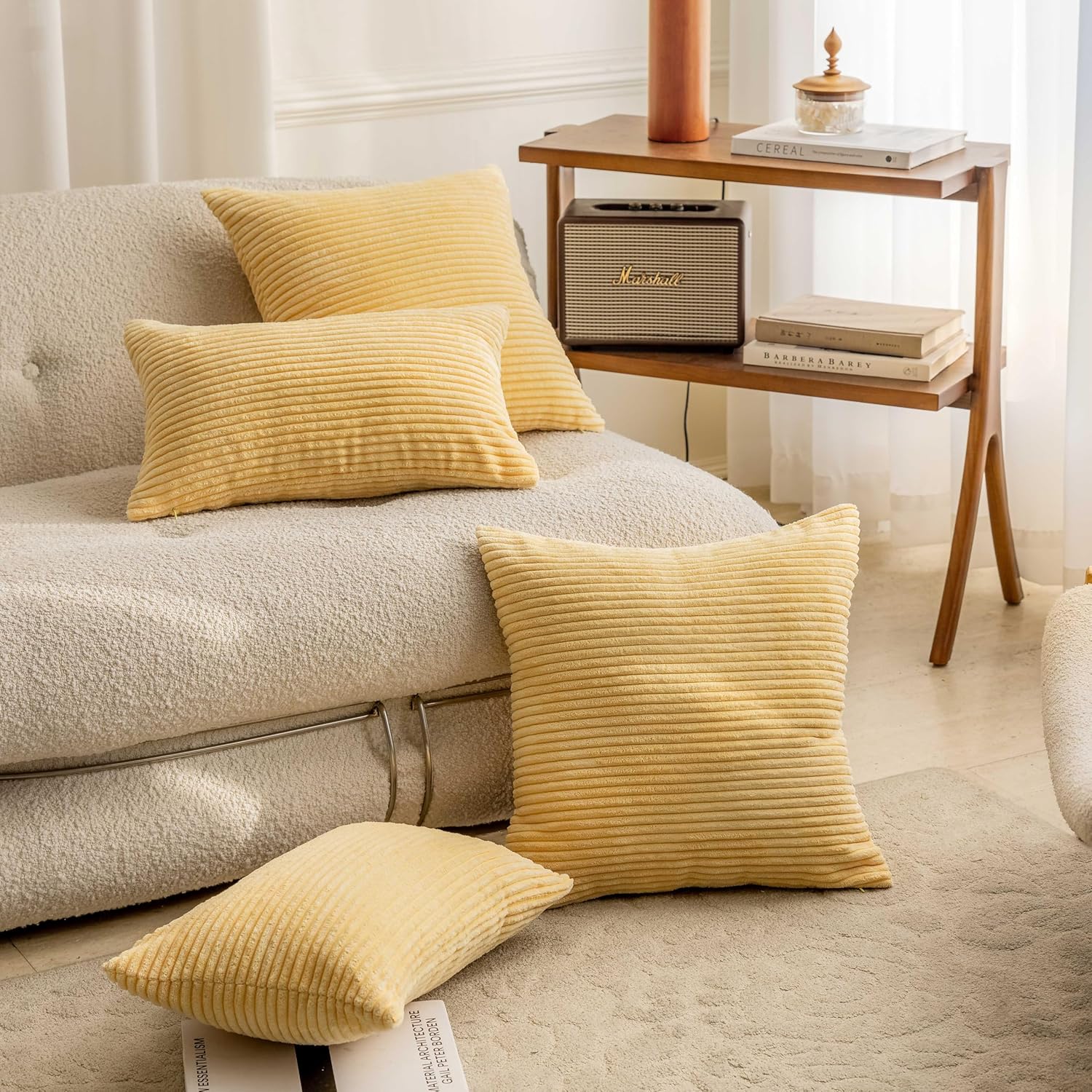 Home Brilliant Juego de 2 fundas de almohada amarillas decorativas de verano de pana a rayas de terciopelo de felpa para sofá. 18 x 18 pulgadas,