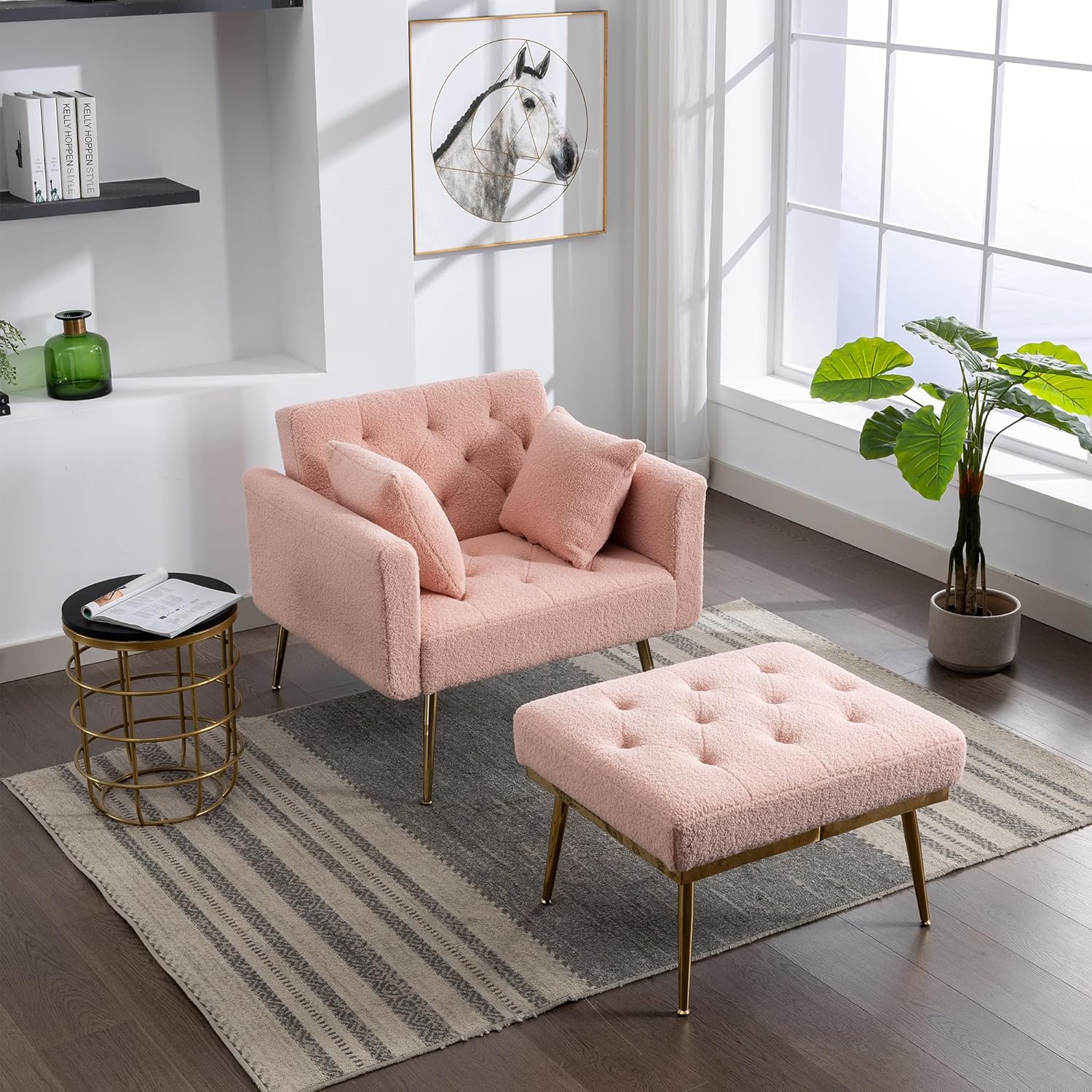Silla decorativa moderna Sherpa de 36.61 pulgadas de ancho con respaldo ajustable de 3 ángulos + 2 almohadas, sillón reclinable y otomano para sala