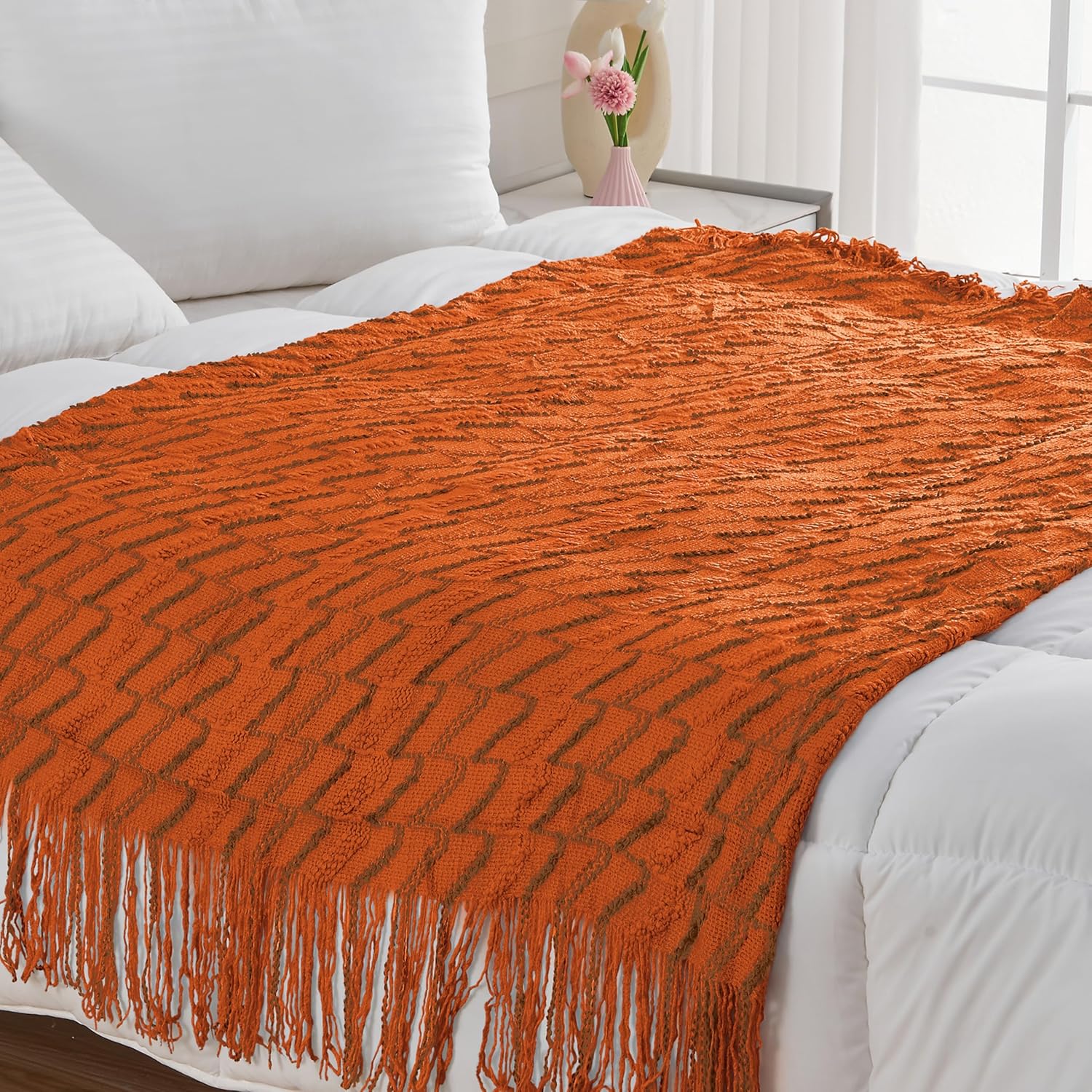 Homiest Manta decorativa de punto con flecos, manta ligera de punto acrílico, manta tejida con textura ondulada, manta suave y acogedora con borlas