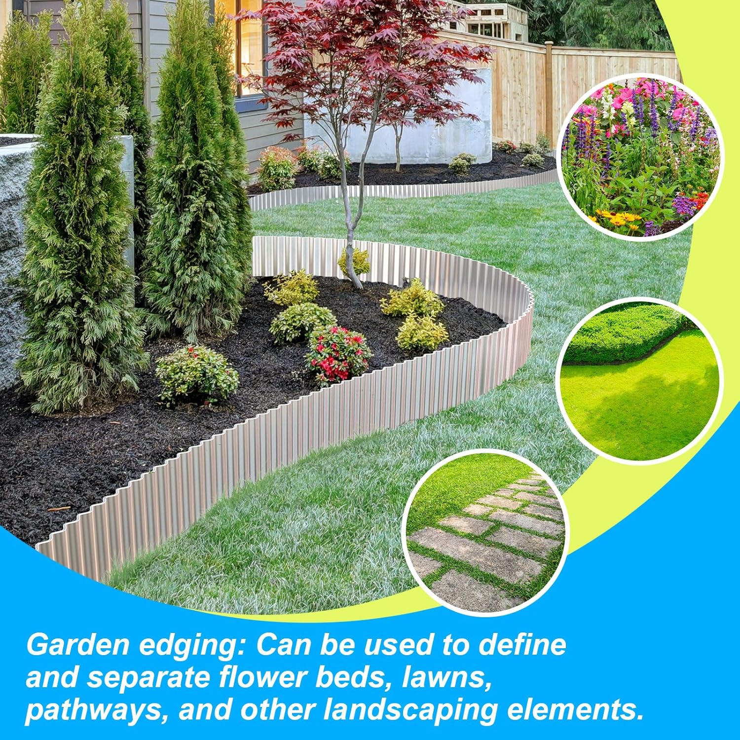 LAVEVE Borde de metal corrugado para jardín, borde resistente, perfecto para macizos de flores y bordes de paisajismo (plata, 8 pulgadas x 20 pies)