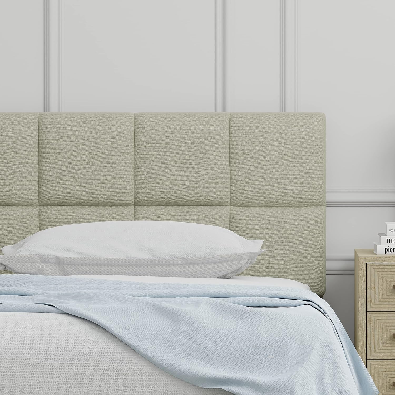 Glenwillow Home Paio – Cabecera tapizada con panel de 20 pulgadas de alto, acolchado cuadrado de 2 filas, tamaño individual, color beige