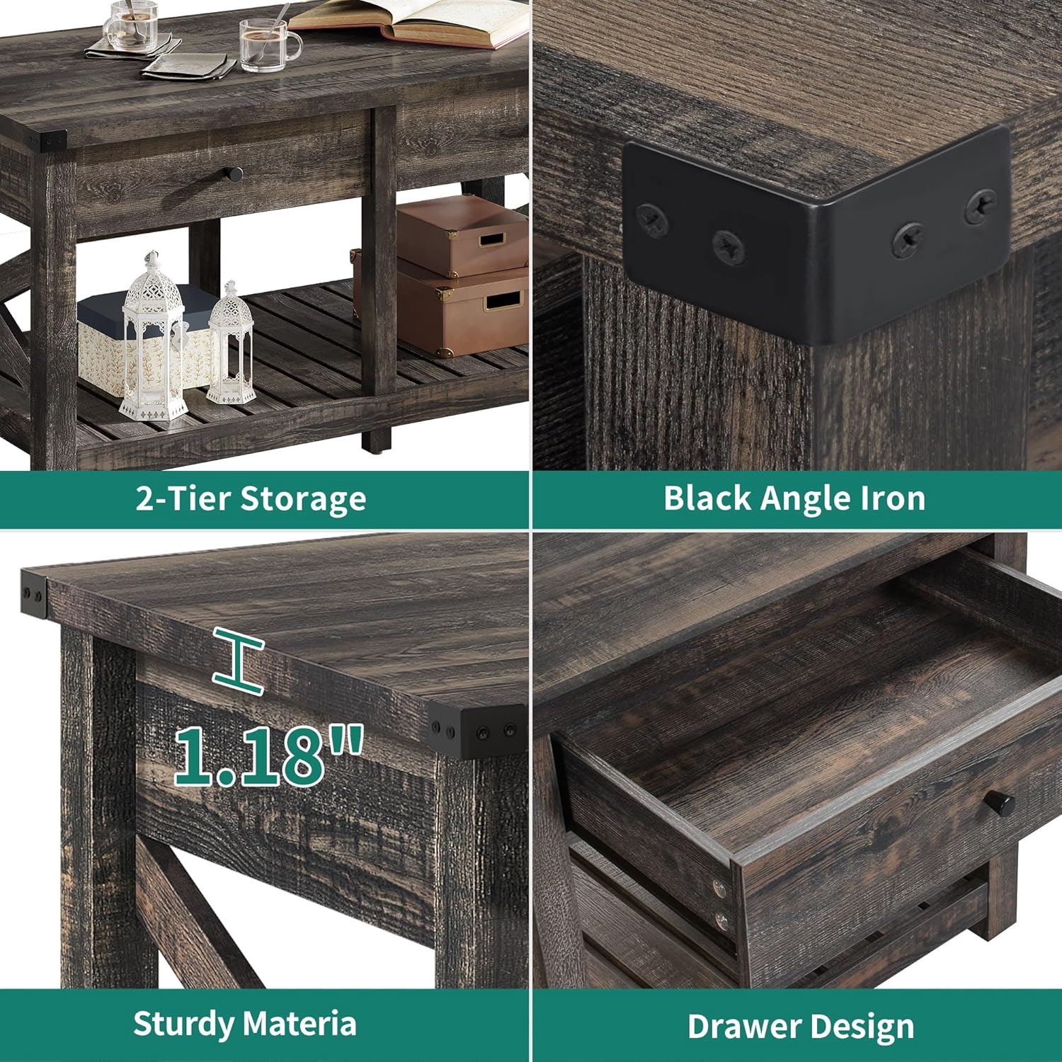 YITAHOME Mesas de centro para sala de estar, mesa de centro de granja con almacenamiento, mesa de cóctel rústica de madera con 2 gabinetes, mesa