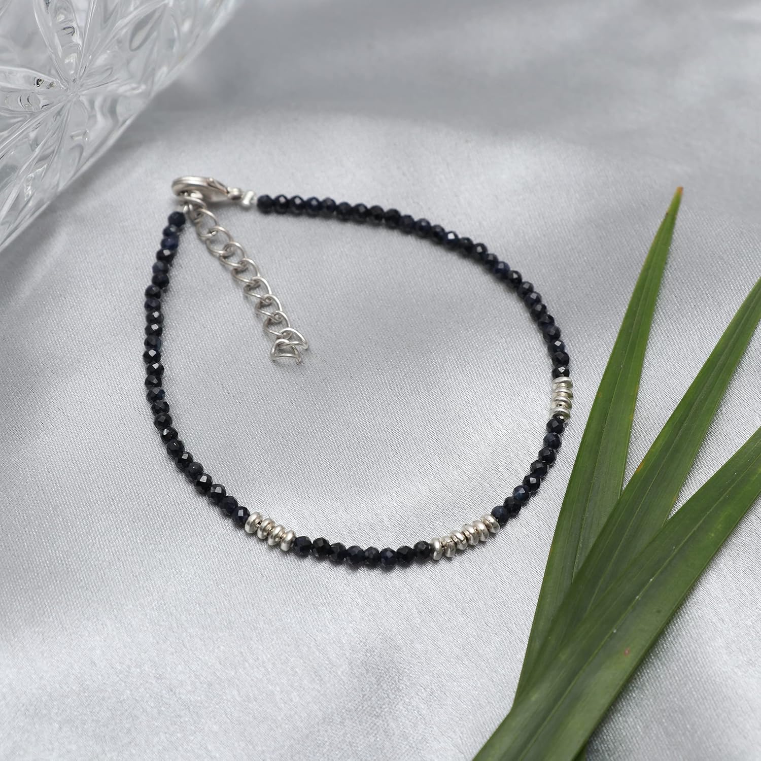 Gempires Natural Black Spinel Beads Bracelet, Spinel Gemstone Jewelry, Gift For her, 7+1 inch Adjustable Silver plated Chain (Black Spinel)