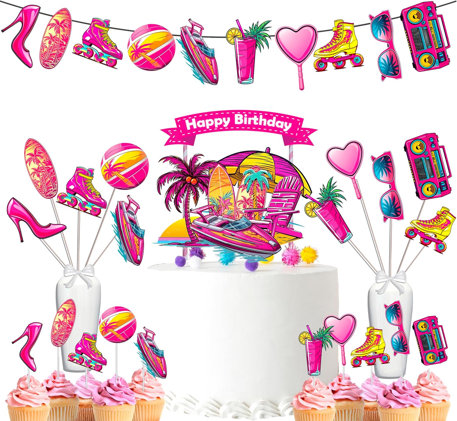 Encantador juego de decoración de fiesta de cumpleaños de muñeca rosa, brilla y celebra con estilo